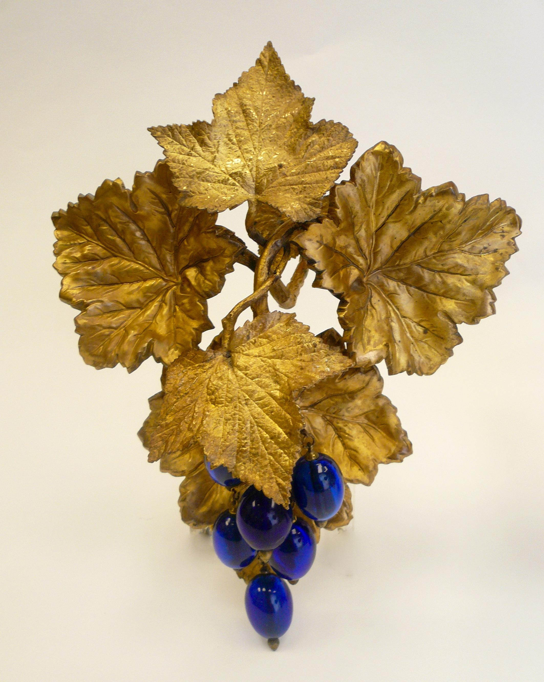 Victorian Gilt Brass Curtain Tiebacks with Cobalt Blue Blown Glass Grapes, Pair In Good Condition In Pittsburgh, PA