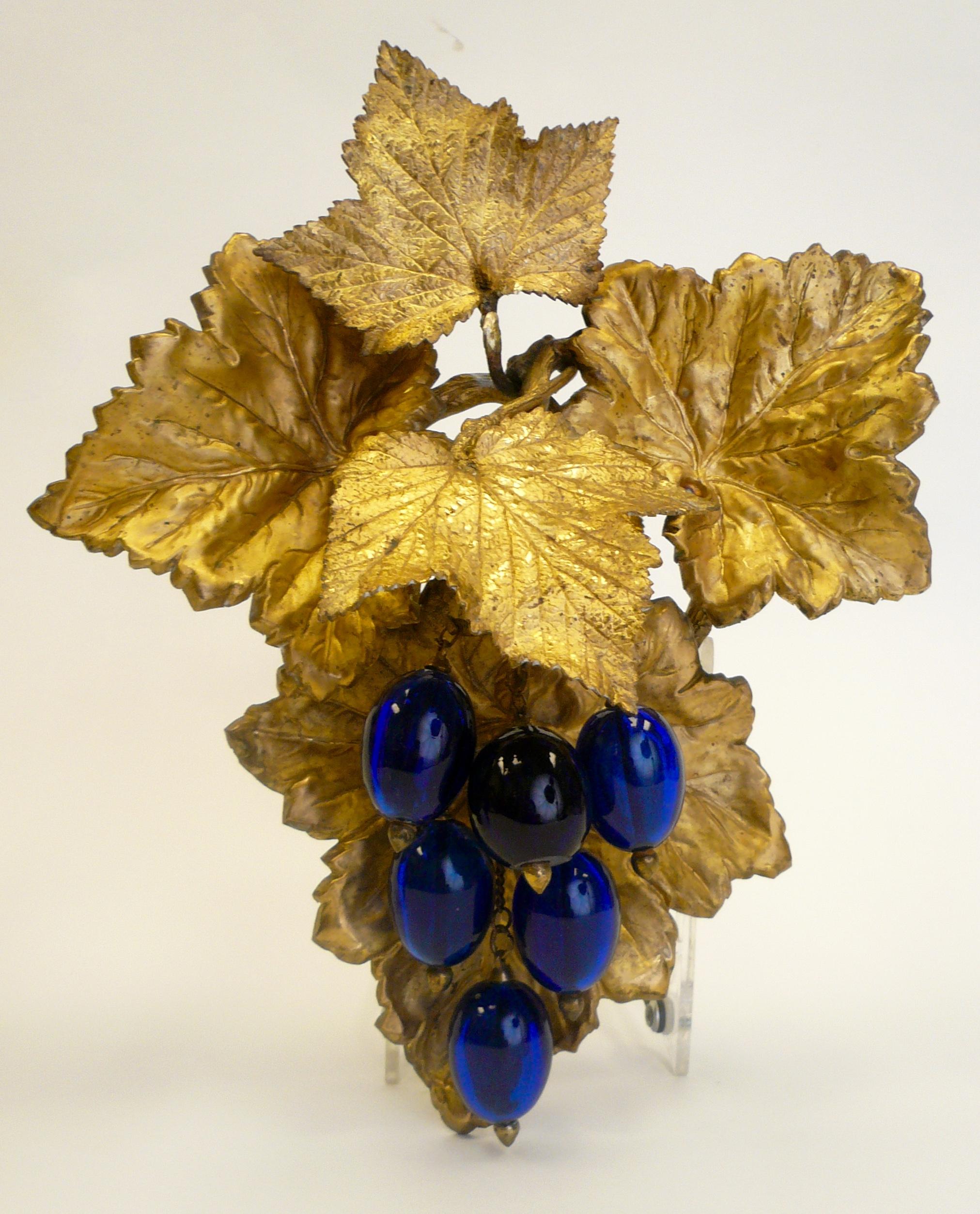 19th Century Victorian Gilt Brass Curtain Tiebacks with Cobalt Blue Blown Glass Grapes, Pair