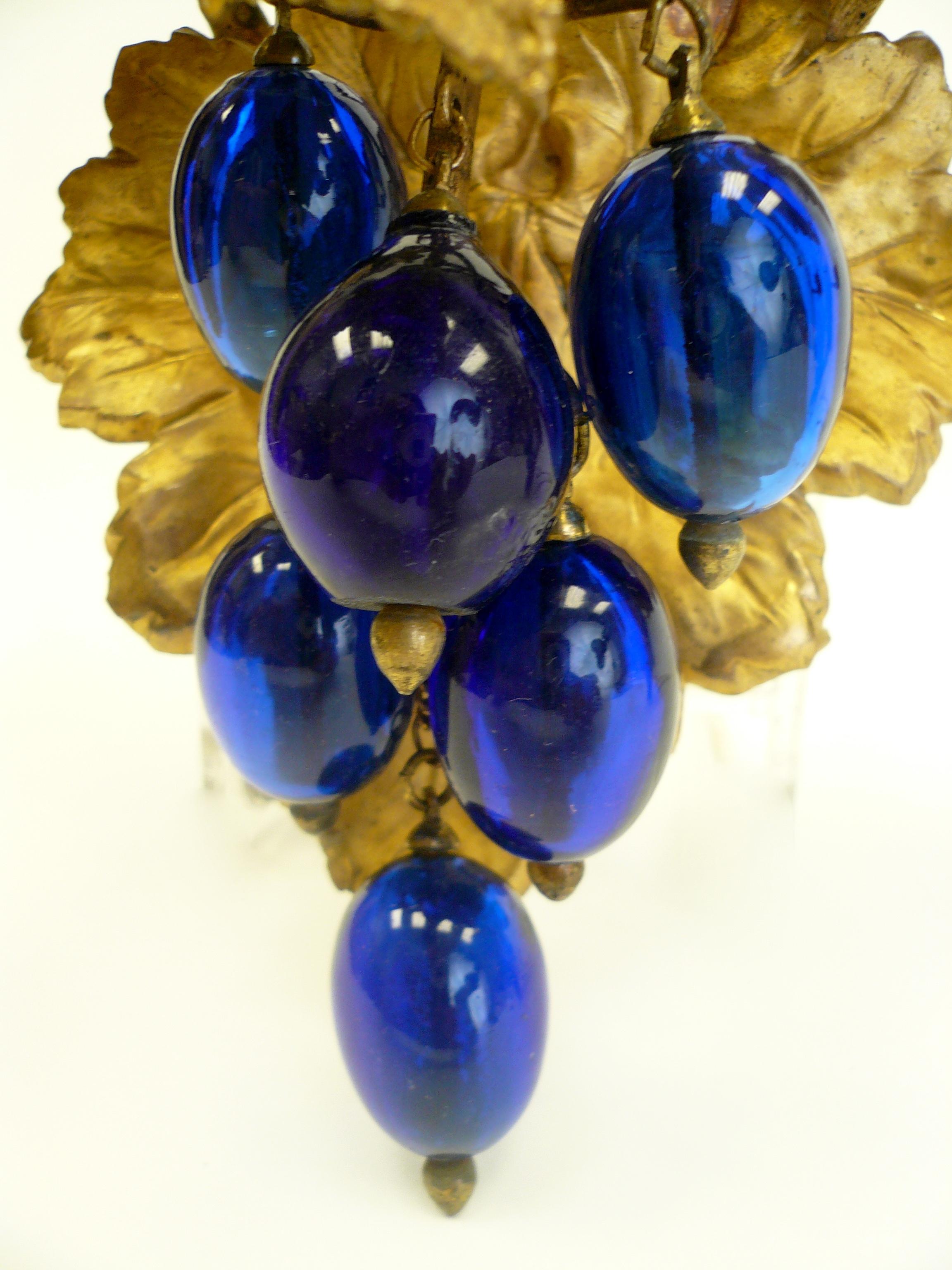 Victorian Gilt Brass Curtain Tiebacks with Cobalt Blue Blown Glass Grapes, Pair 1