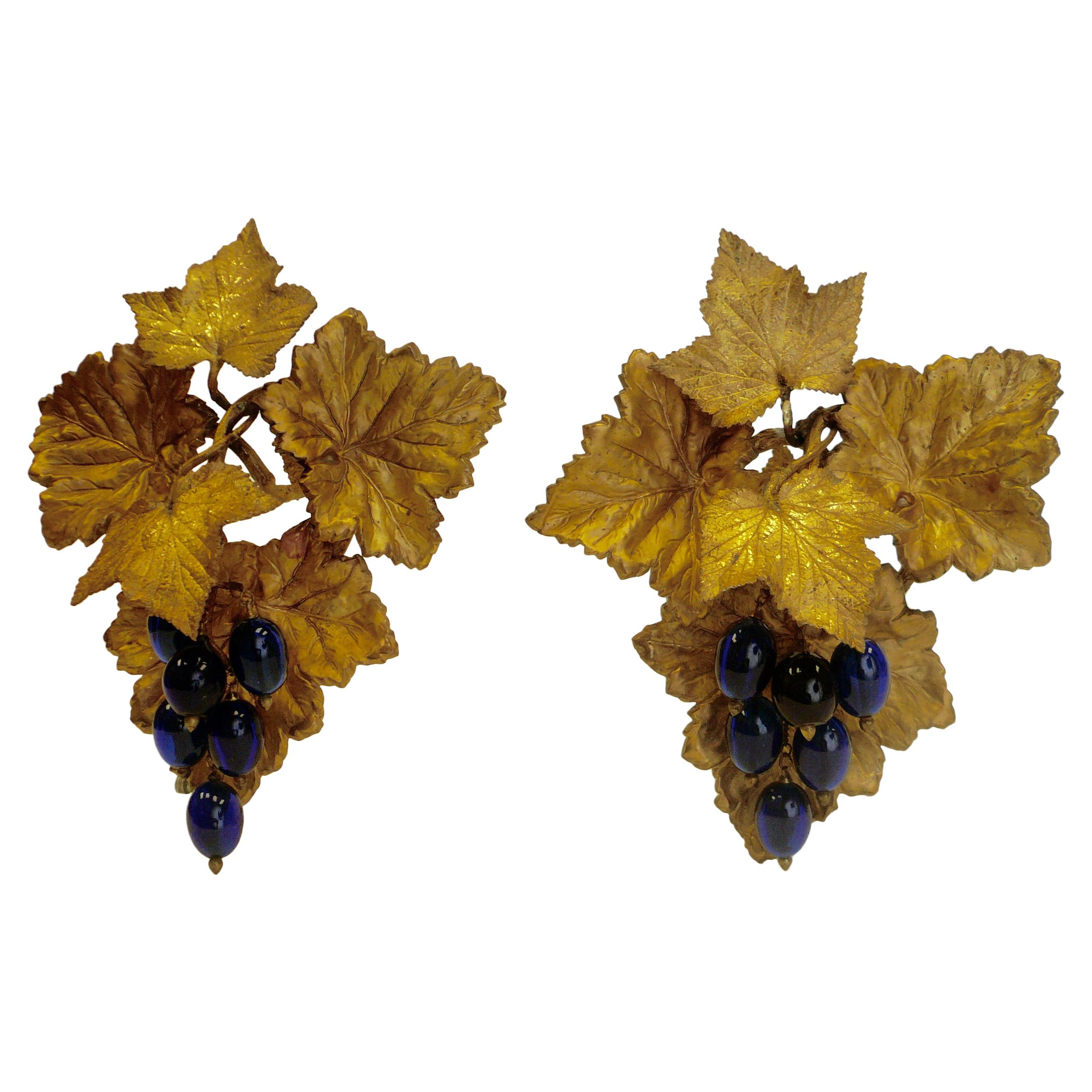 Victorian Gilt Brass Curtain Tiebacks with Cobalt Blue Blown Glass Grapes, Pair