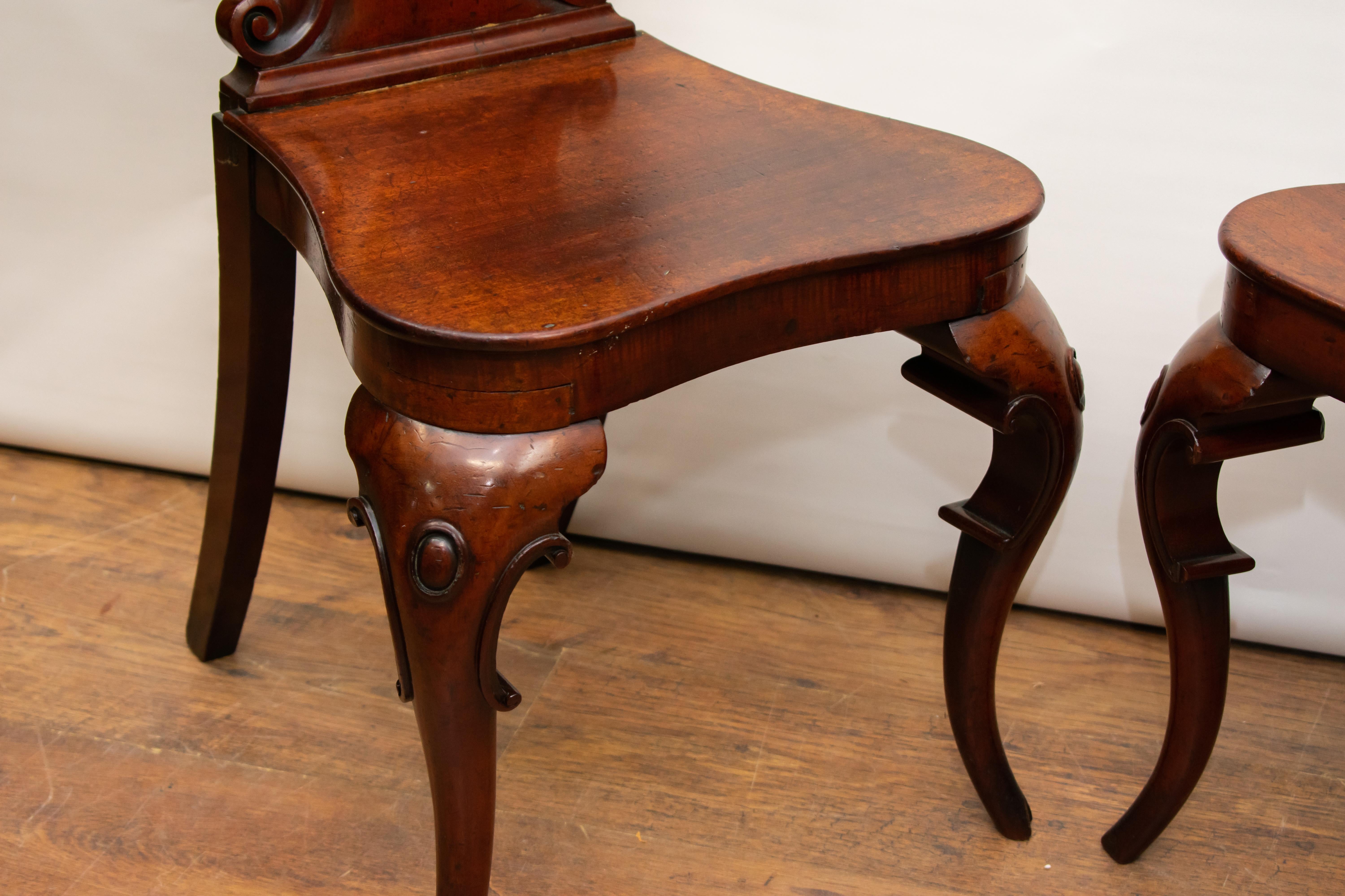 Pair Victorian Hall Chairs, Antique 1840 Carved Seats In Good Condition For Sale In Potters Bar, GB