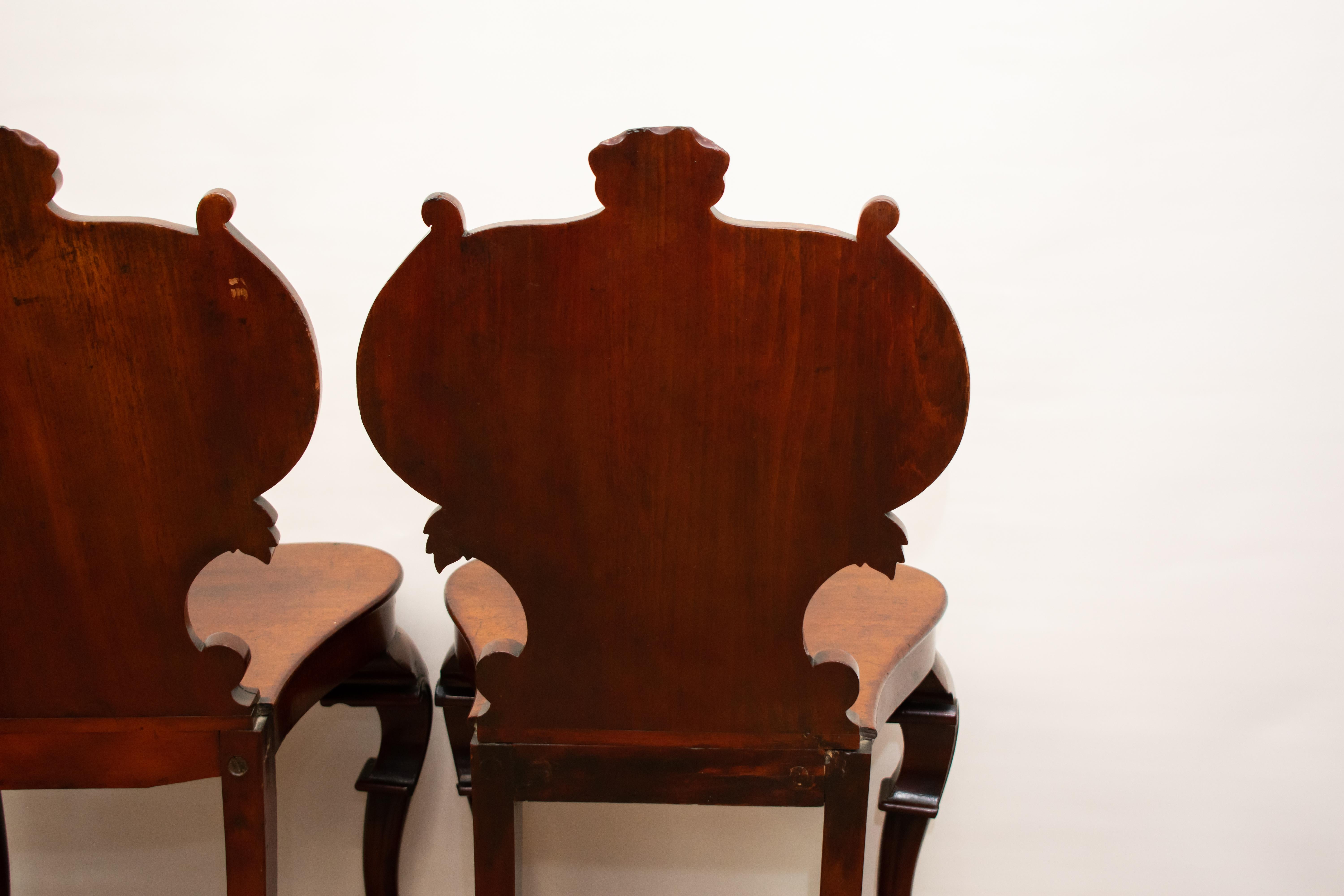 Mahogany Pair Victorian Hall Chairs, Antique 1840 Carved Seats For Sale