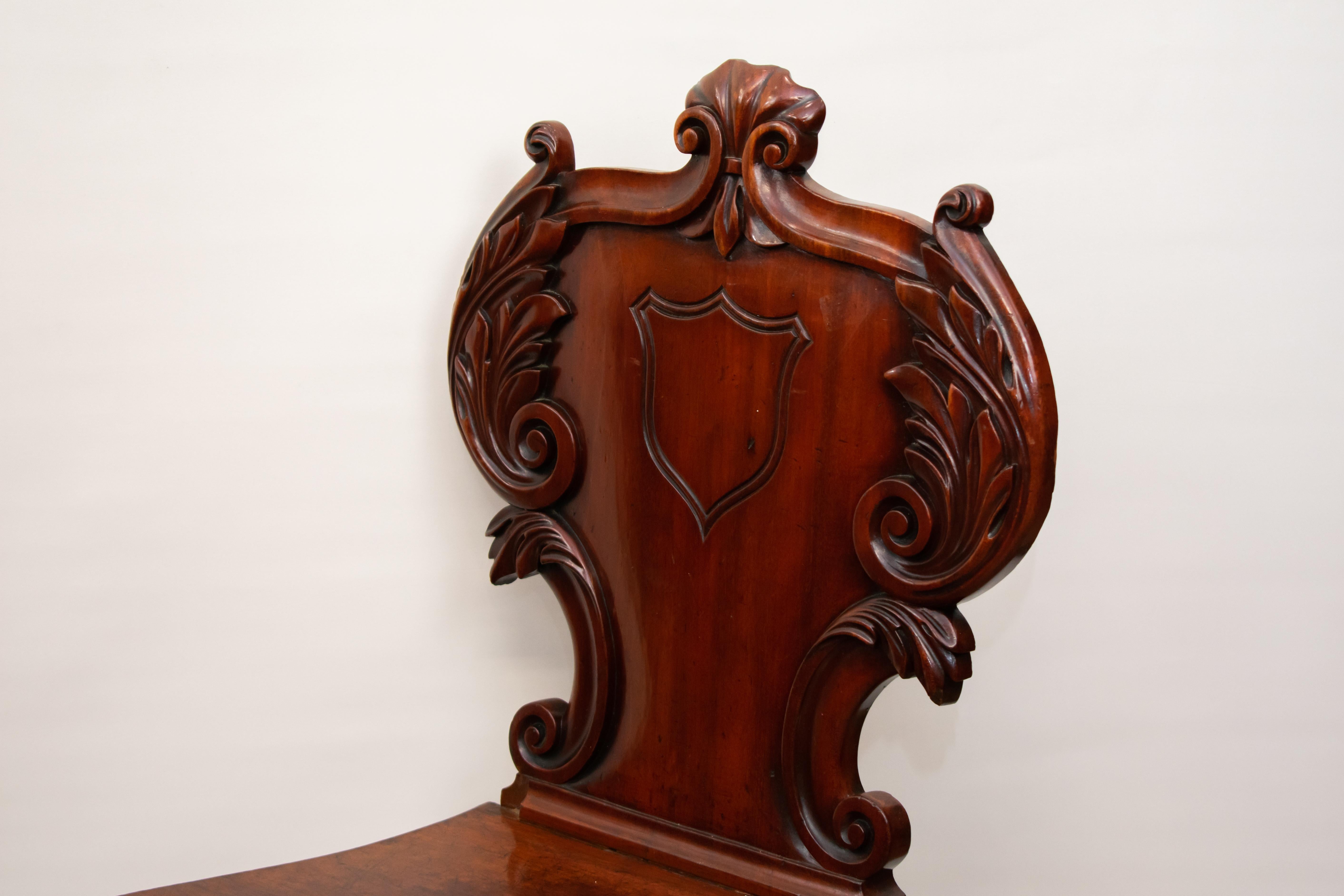 Pair Victorian Hall Chairs, Antique 1840 Carved Seats For Sale 1