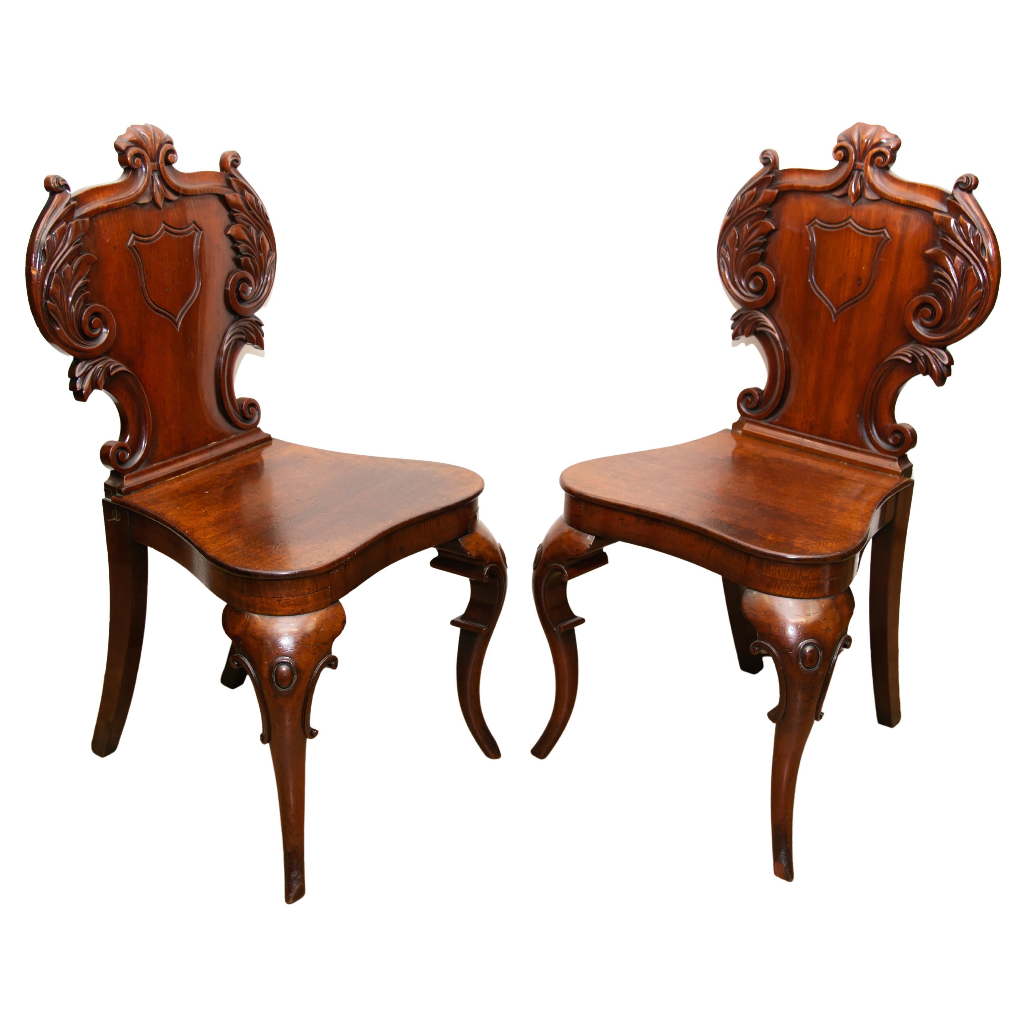 Pair Victorian Hall Chairs, Antique 1840 Carved Seats