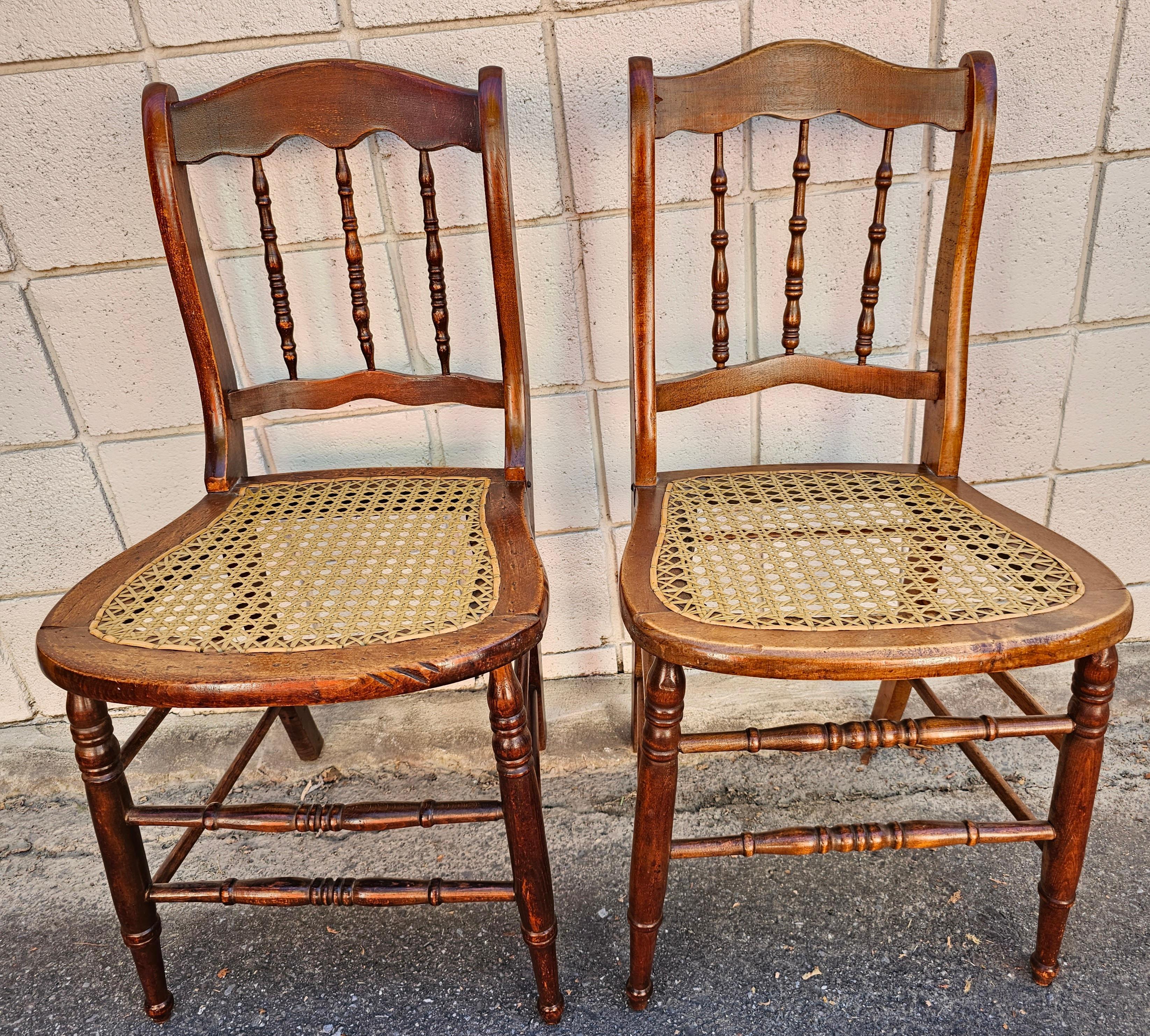 American Pair Victorian Mahogany Spindle and Cane Seat Side Chairs with Custom Cushion For Sale