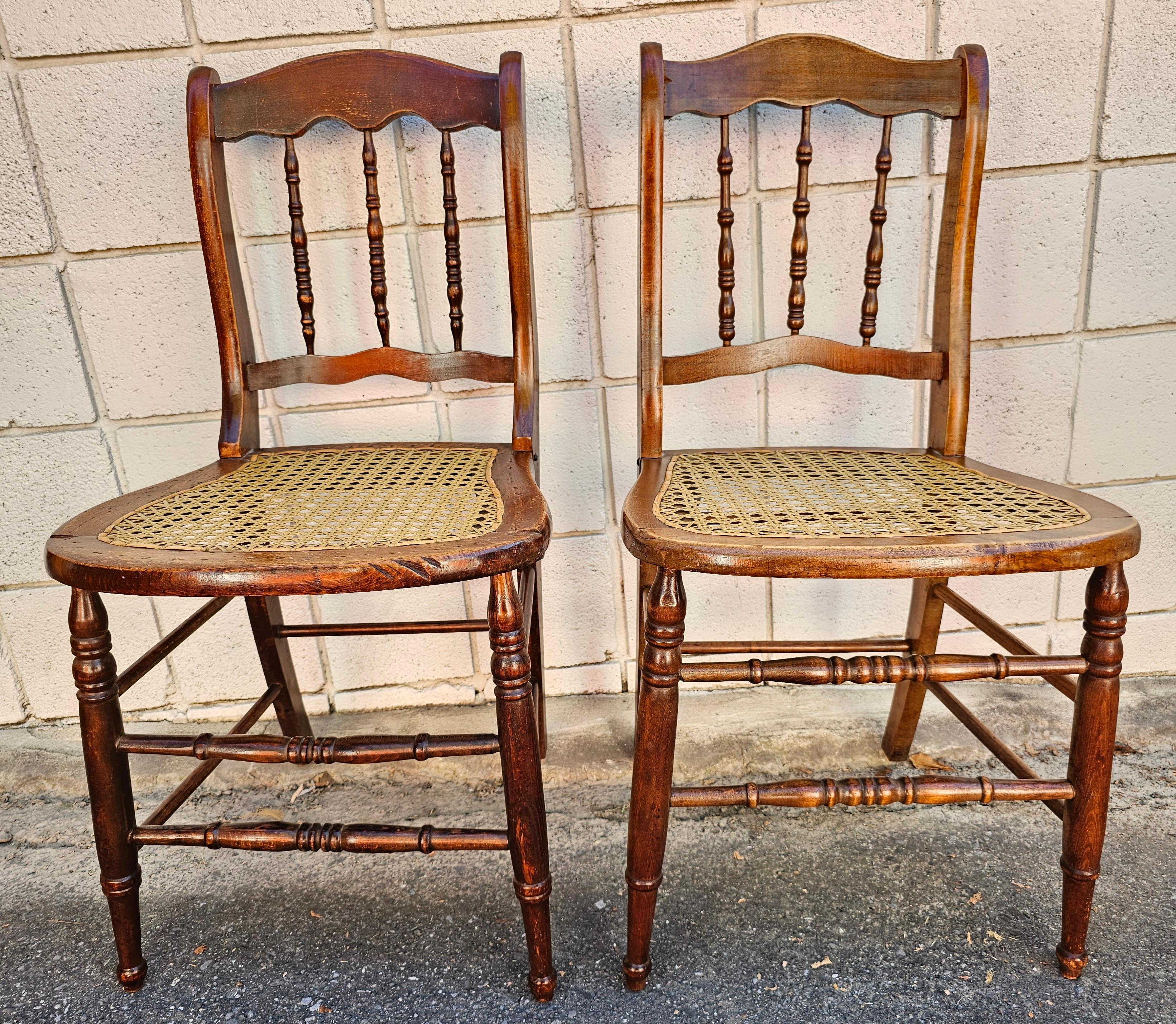 Hand-Crafted Pair Victorian Mahogany Spindle and Cane Seat Side Chairs with Custom Cushion For Sale