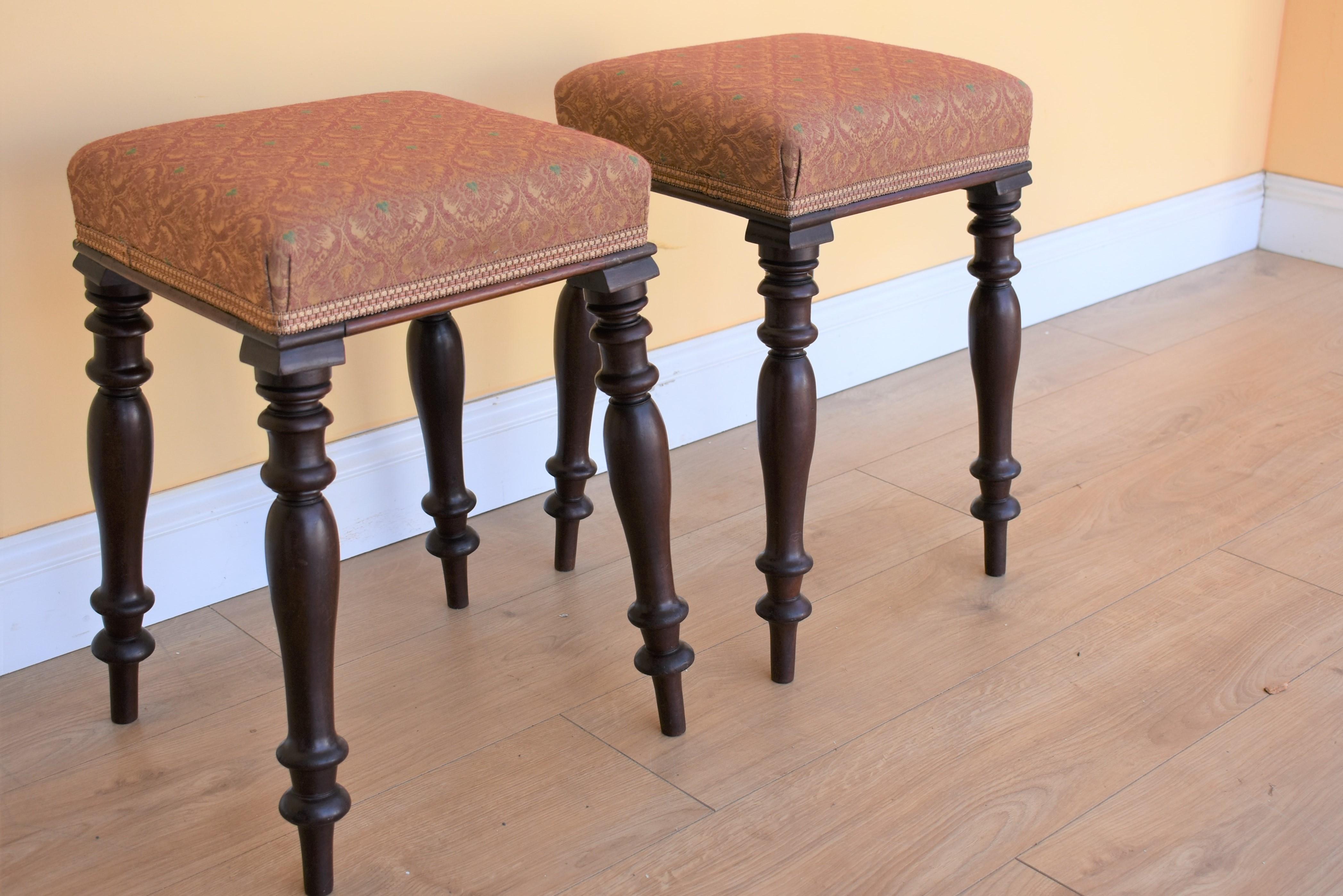 Pair of Victorian Mahogany Upholstered Stools In Good Condition In Chelmsford, Essex