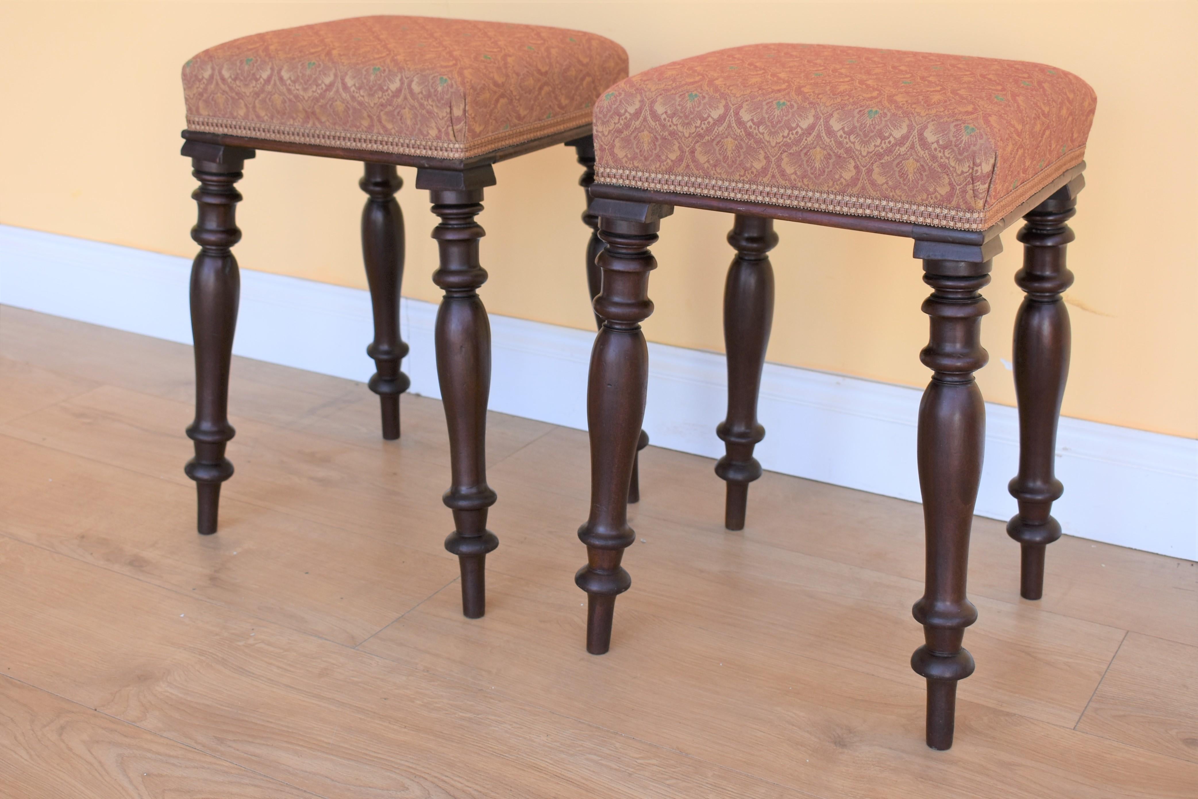 Late 19th Century Pair of Victorian Mahogany Upholstered Stools