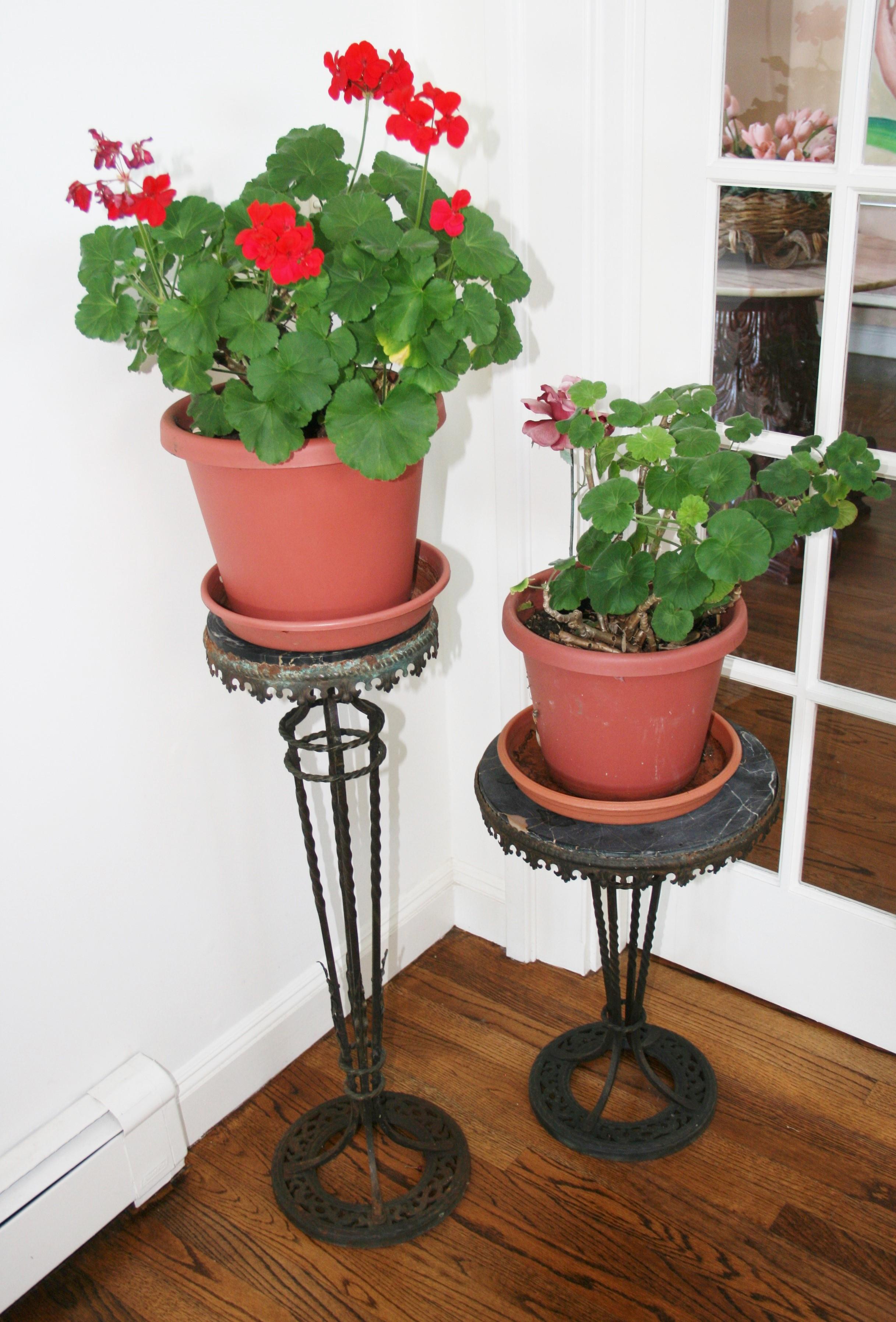 1544 Pair Victorian hand made iron and marble plant stands / pedestals. Base diameter 11