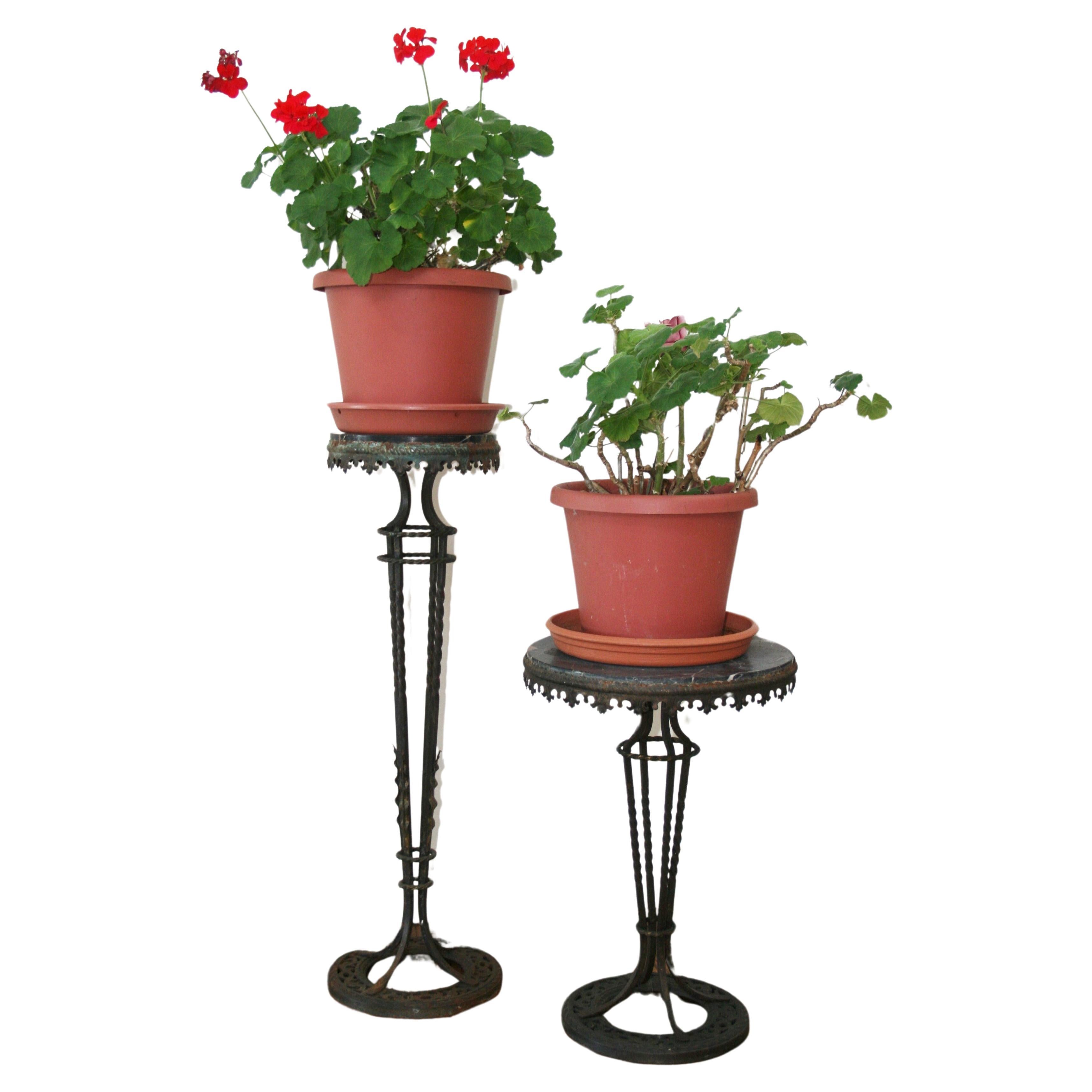 Pair Victorian Marble and Iron Plant StandsPedestals 1890 For Sale