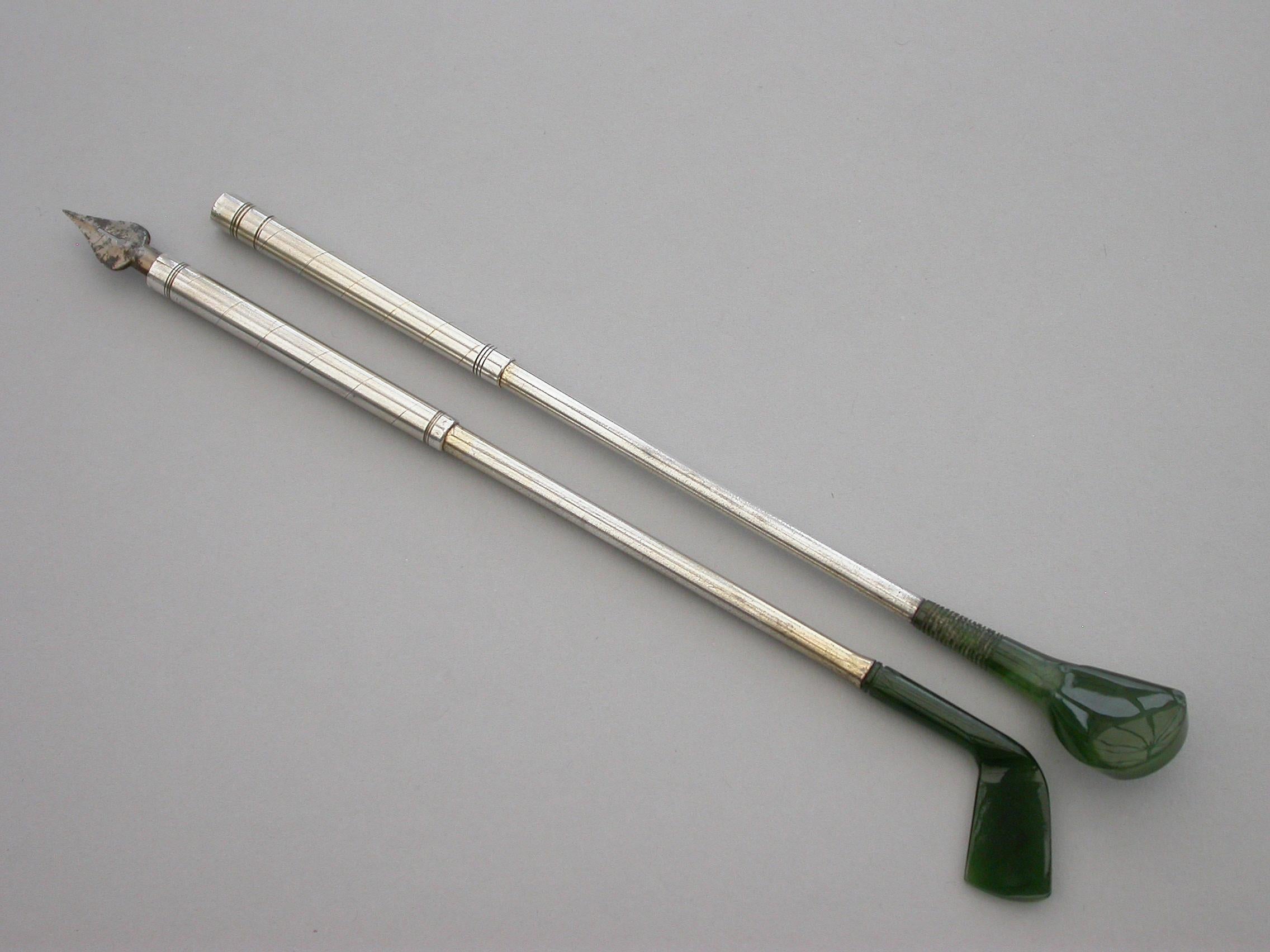 Pair of Novelty Silver & Nephrite Golf Club Propelling Pencil and Dip Pen For Sale 4