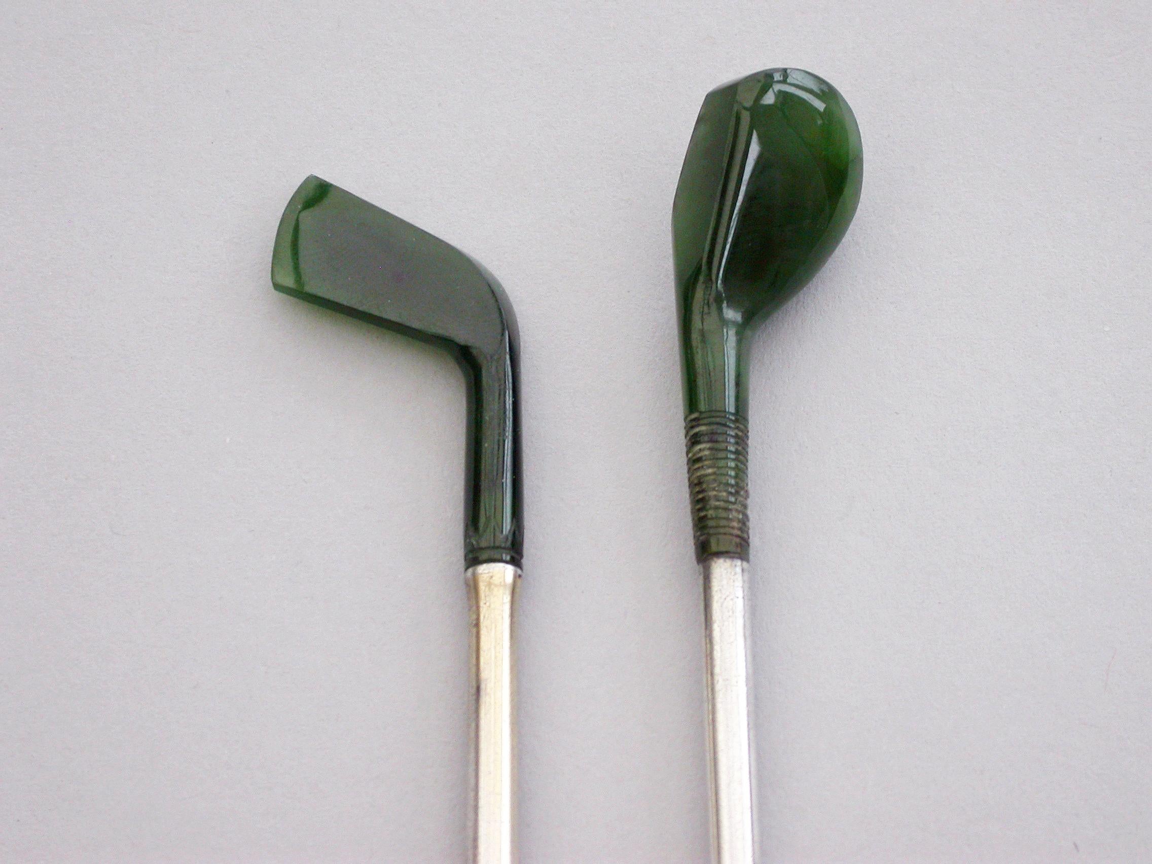 Victorian Pair of Novelty Silver & Nephrite Golf Club Propelling Pencil and Dip Pen For Sale