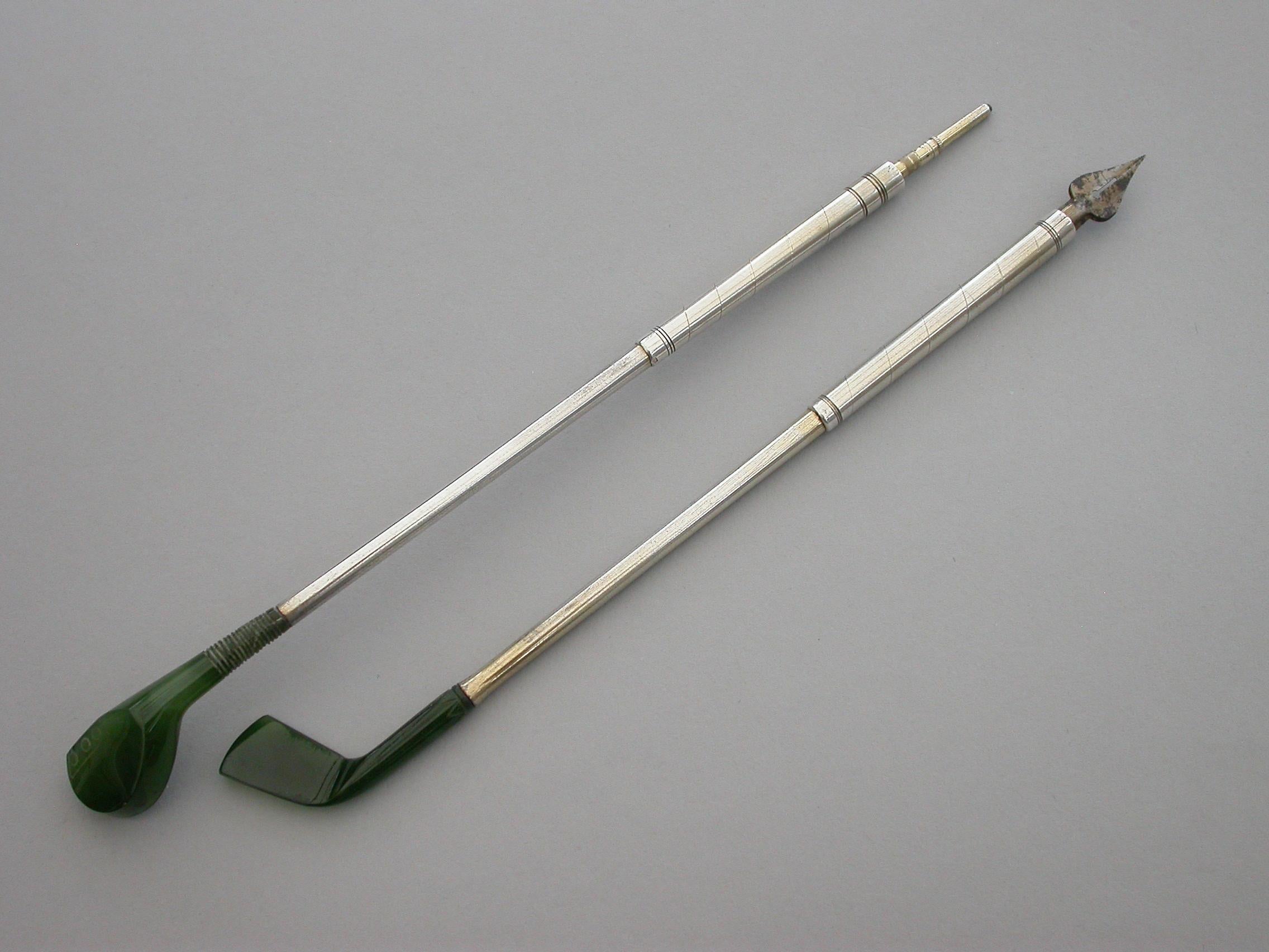 English Pair of Novelty Silver & Nephrite Golf Club Propelling Pencil and Dip Pen For Sale