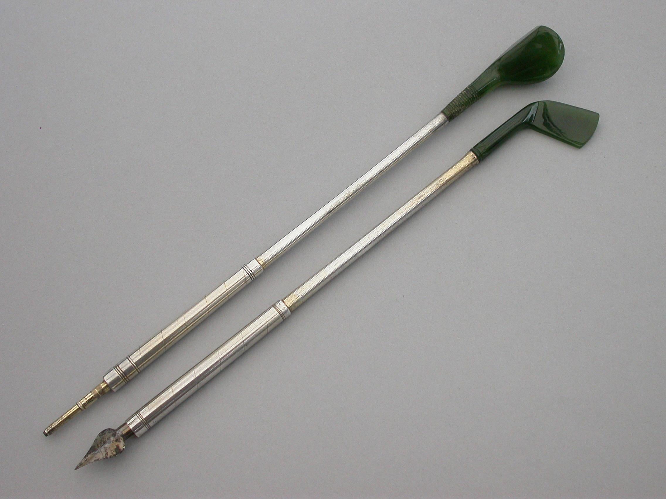 Pair of Novelty Silver & Nephrite Golf Club Propelling Pencil and Dip Pen For Sale 3