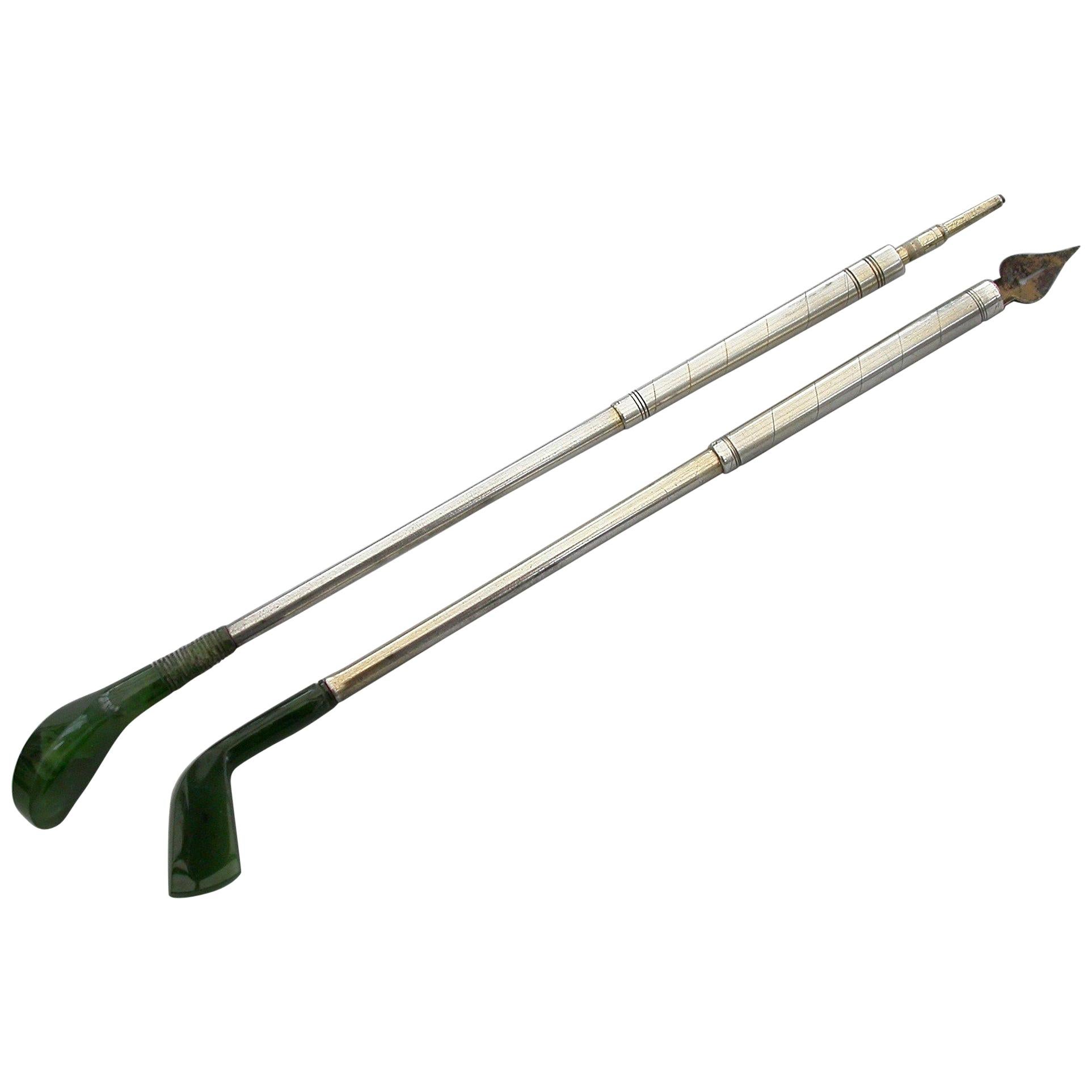 Pair of Novelty Silver & Nephrite Golf Club Propelling Pencil and Dip Pen For Sale