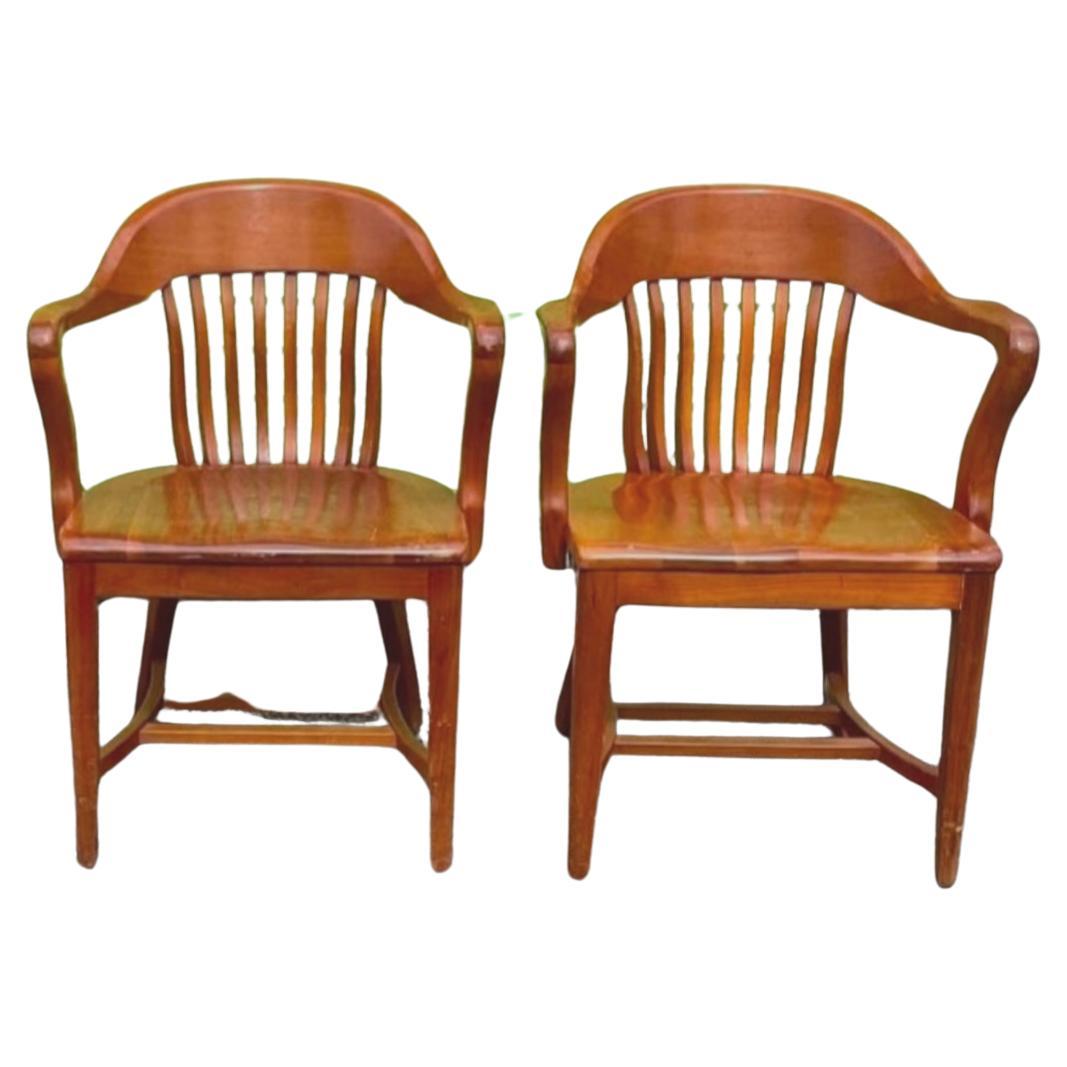 Pair Victorian Oak Bankers Desk Chairs
