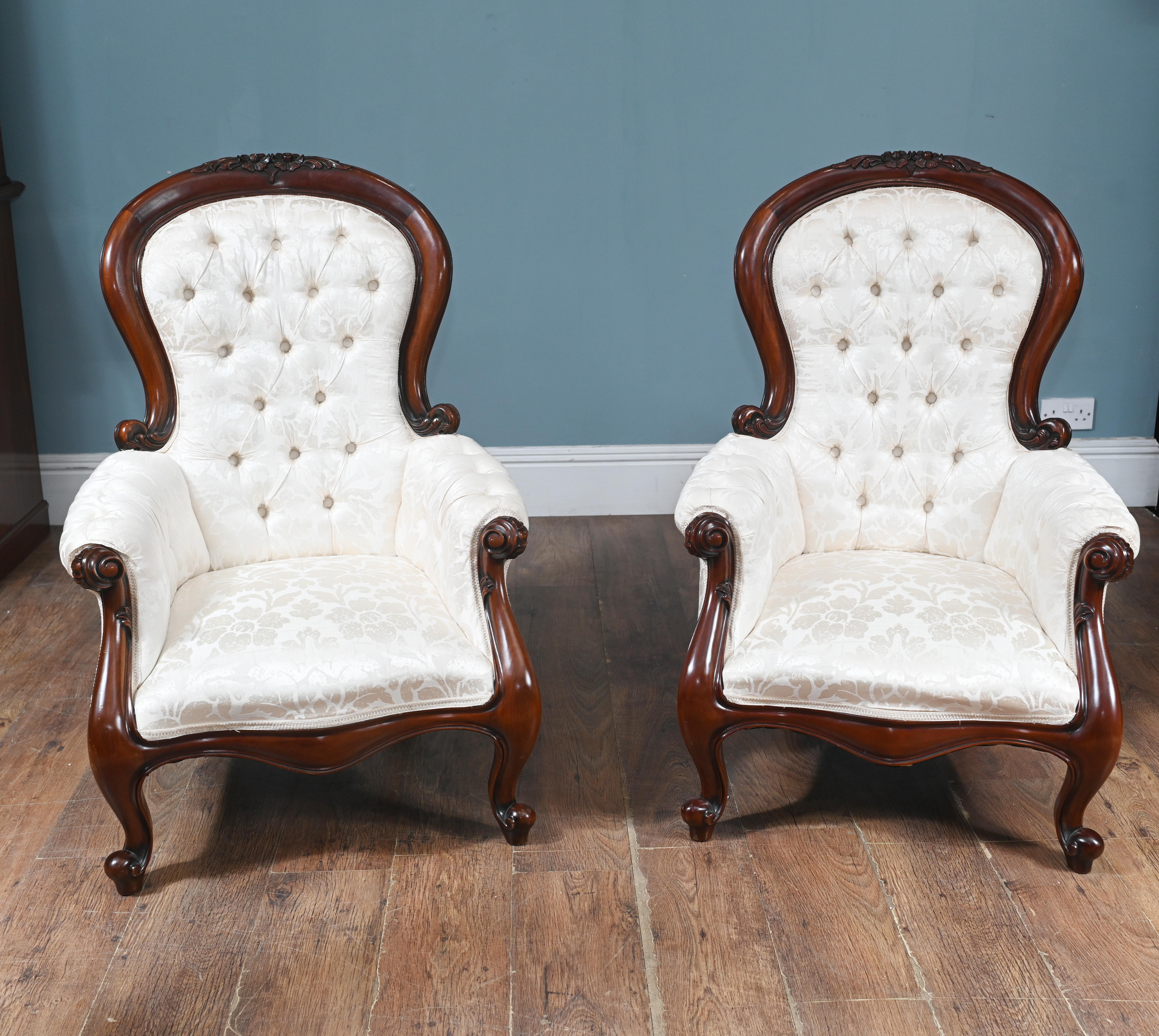 You are viewing an elegant pair of Victorian revival parlour chairs
Circa 1920
Very comfortable with cushioned backs, sides and seats with deep button finish
Floral fabric print very on trend
Bought from a private house sale in London's Belsize