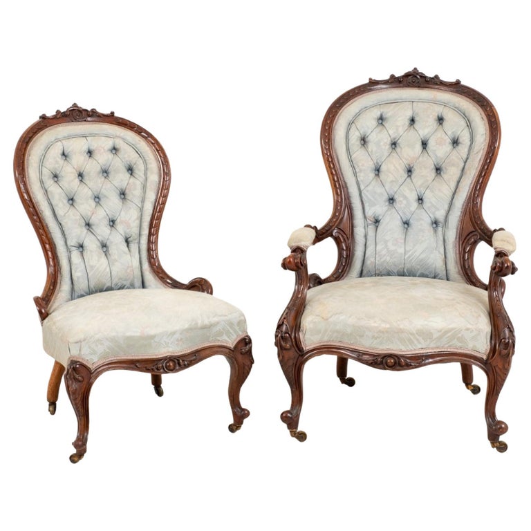 Pair Victorian Parlour Chairs, His and Hers Arm Chairs, 1860 For Sale