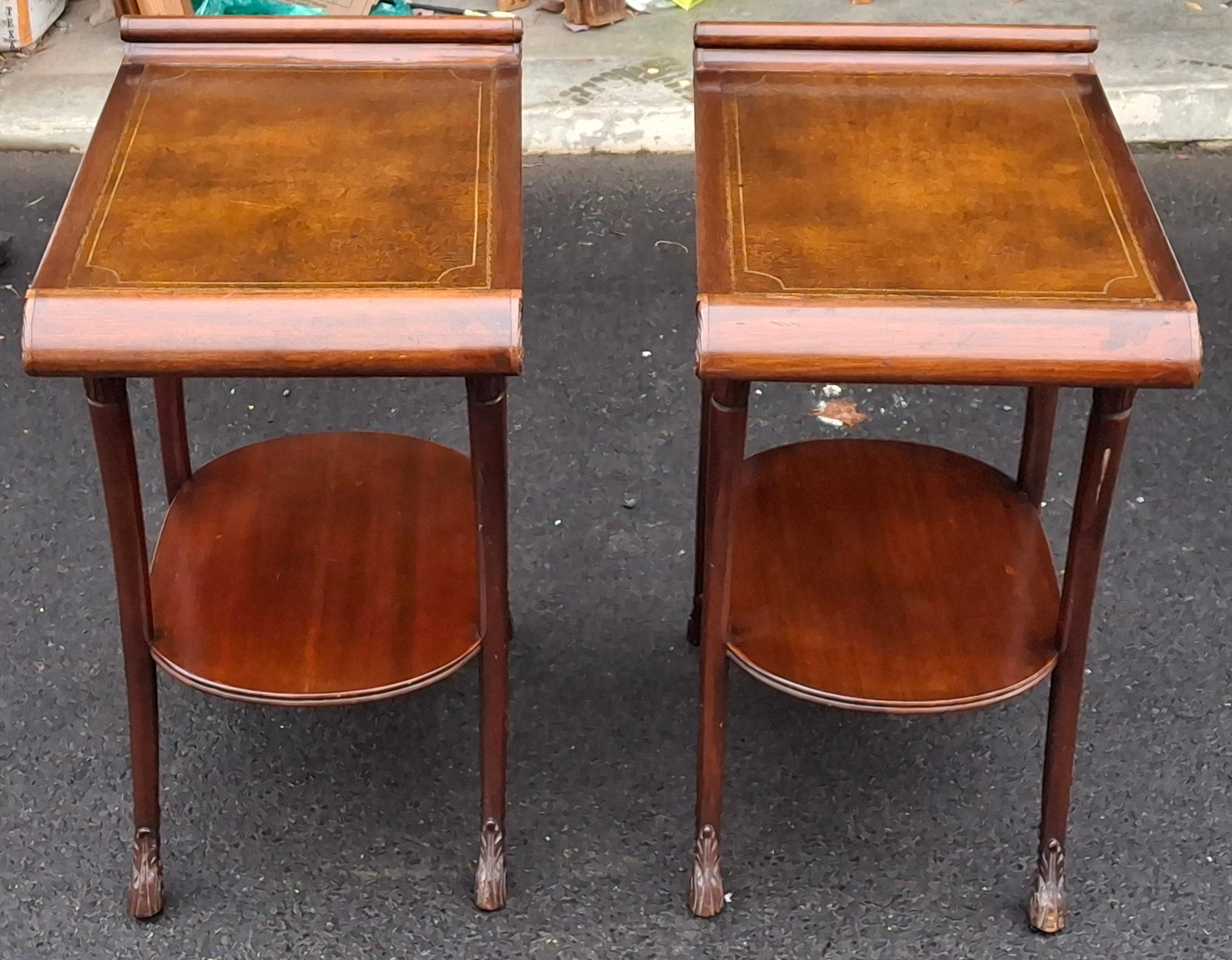 XIX secolo Pair Victorian Regency Style Carved Mahogany and Tooled Leather Inset Side Table in vendita