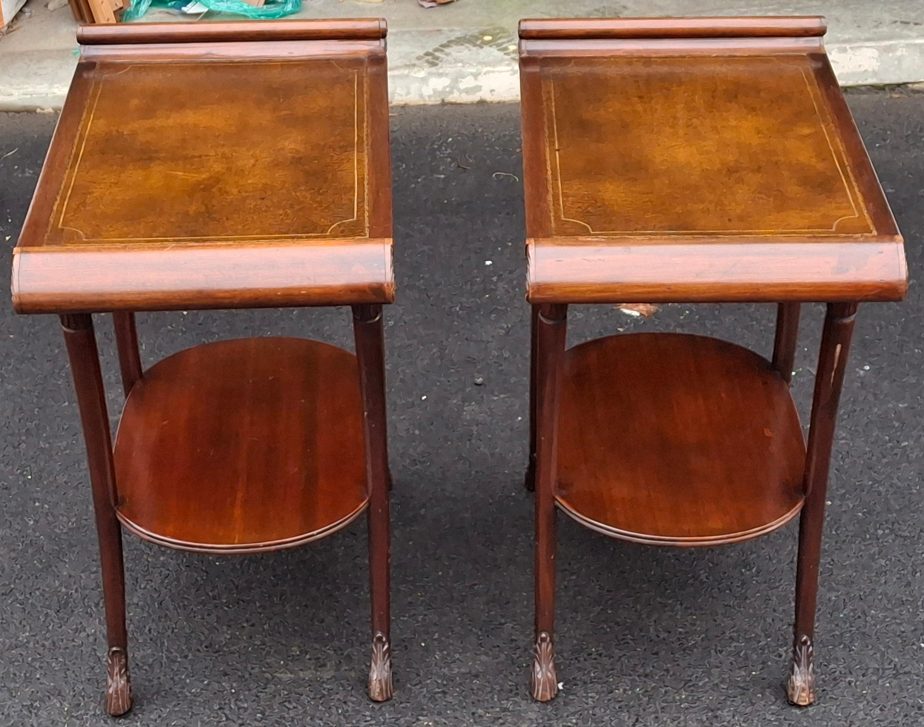 Pelle Pair Victorian Regency Style Carved Mahogany and Tooled Leather Inset Side Table in vendita