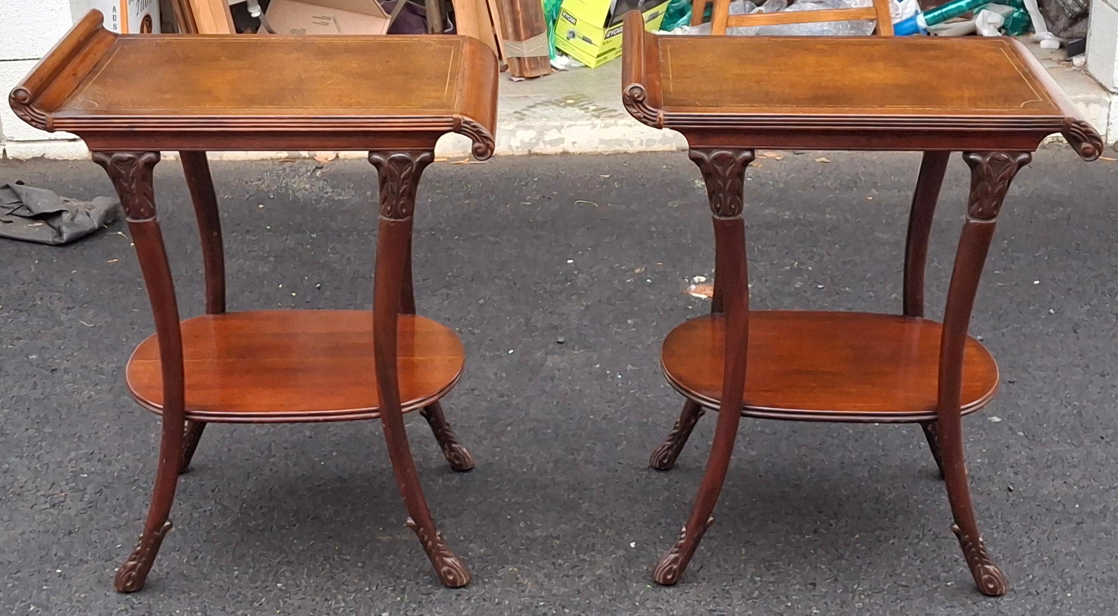Pair Victorian Regency Style Carved Mahogany and Tooled Leather Inset Side Table in vendita 4