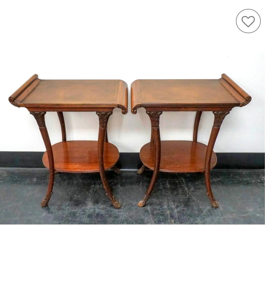 Pair Victorian Regency Style Carved Mahogany and Tooled Leather Inset Side Table In Good Condition For Sale In Germantown, MD