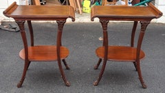 Pair Victorian Regency Style Carved Mahogany and Tooled Leather Inset Side Table