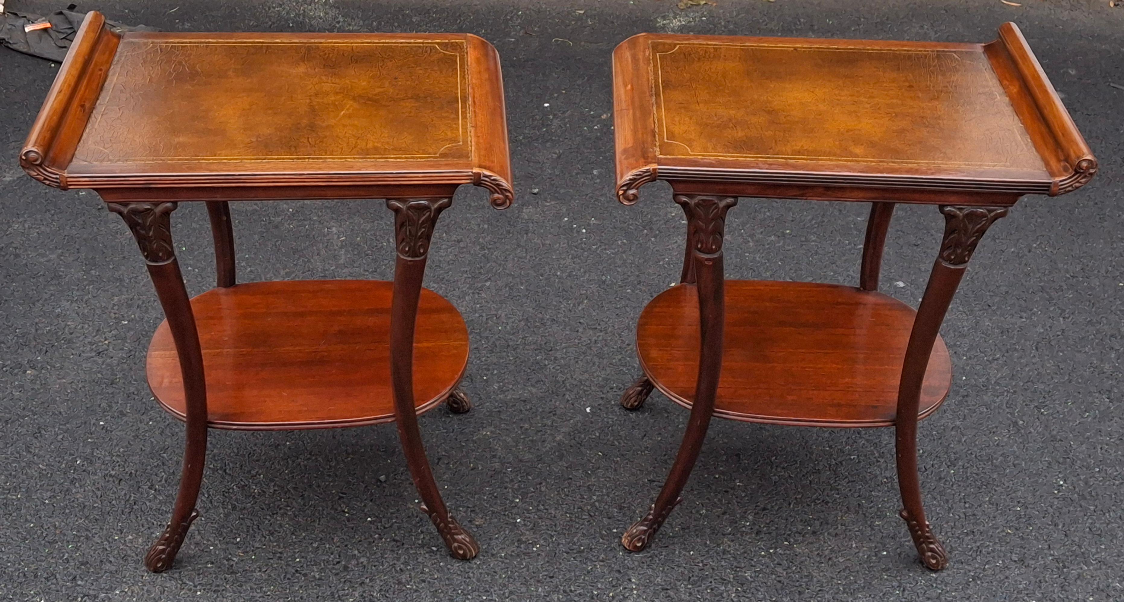 Americano Pair Victorian Regency Style Carved Mahogany and Tooled Leather Inset Side Table in vendita