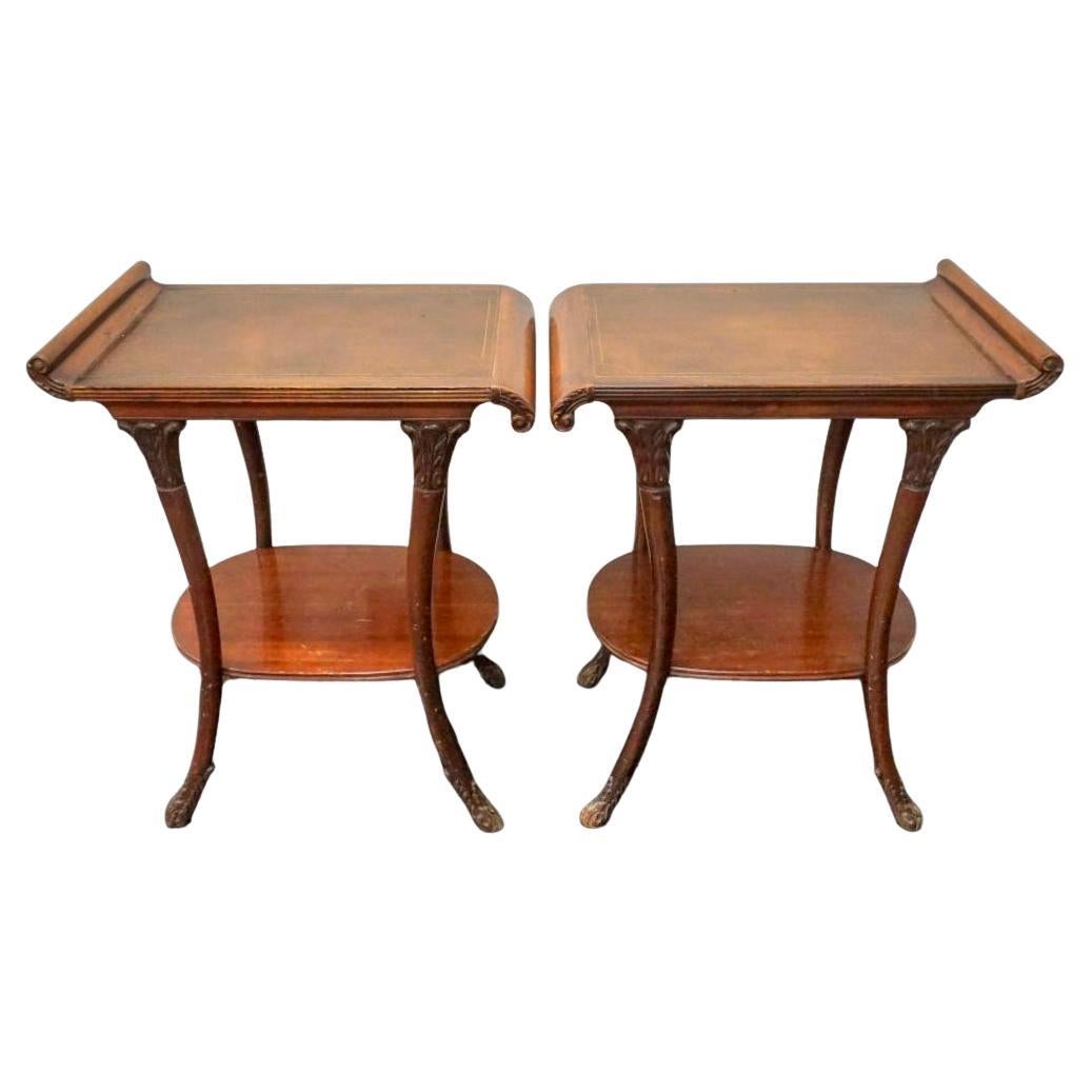 Pair Victorian Regency Style Carved Mahogany and Tooled Leather Inset Side Table