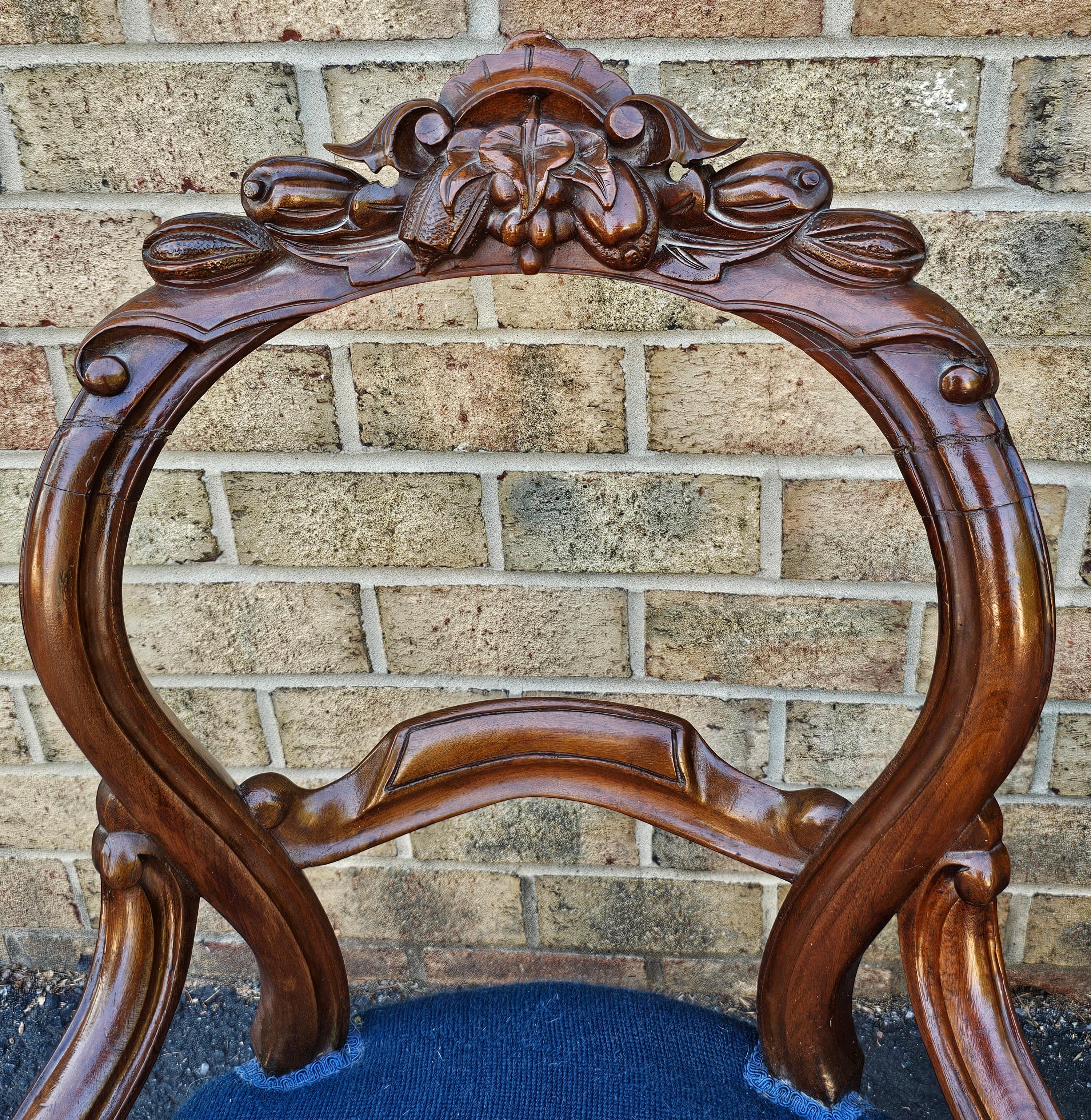 Hand-Crafted Pair Victorian Rococo Style Walnut and Needlepoint Upholstered Side Chairs For Sale