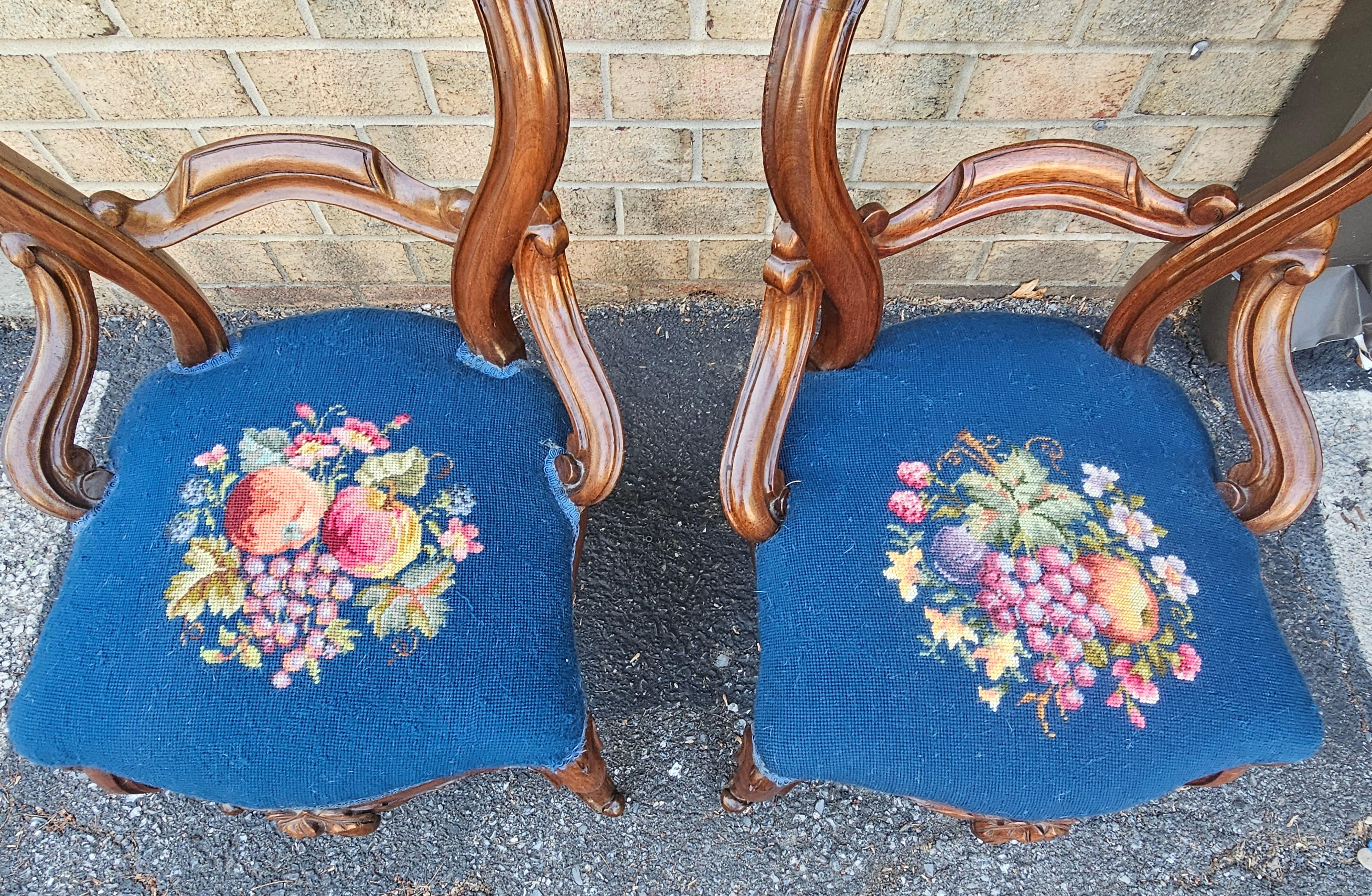Pair Victorian Rococo Style Walnut and Needlepoint Upholstered Side Chairs In Good Condition For Sale In Germantown, MD