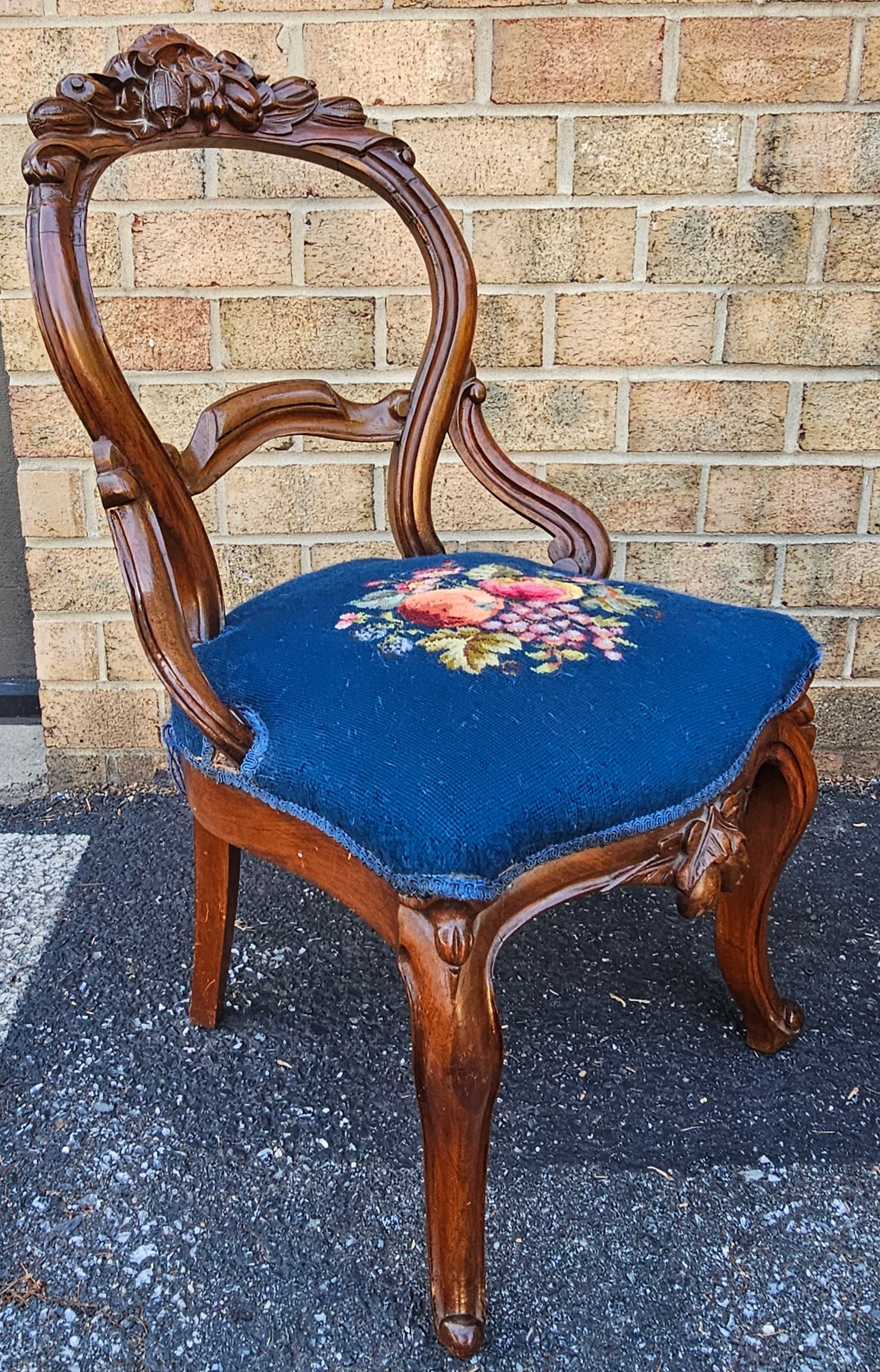 19th Century Pair Victorian Rococo Style Walnut and Needlepoint Upholstered Side Chairs For Sale