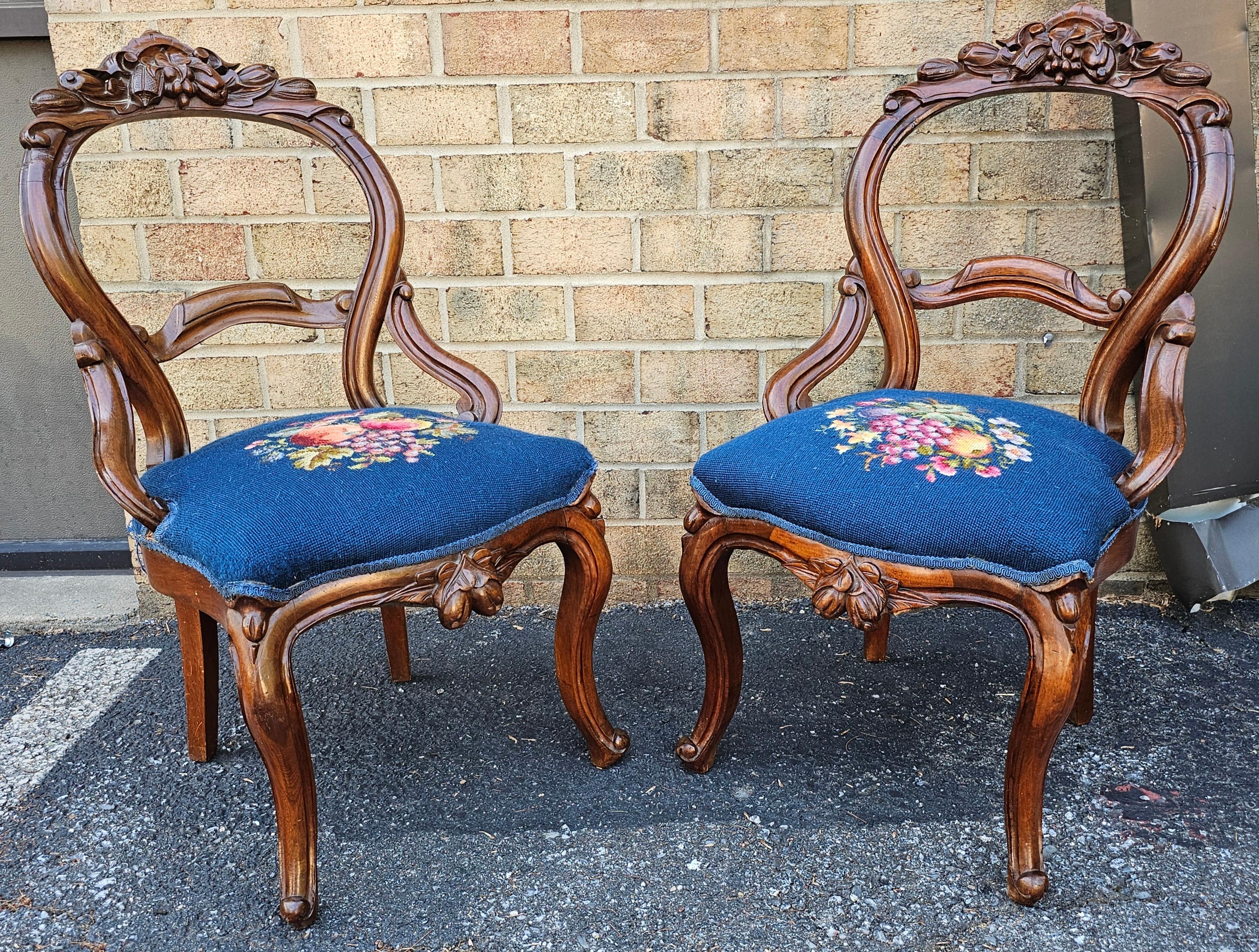 Upholstery Pair Victorian Rococo Style Walnut and Needlepoint Upholstered Side Chairs For Sale