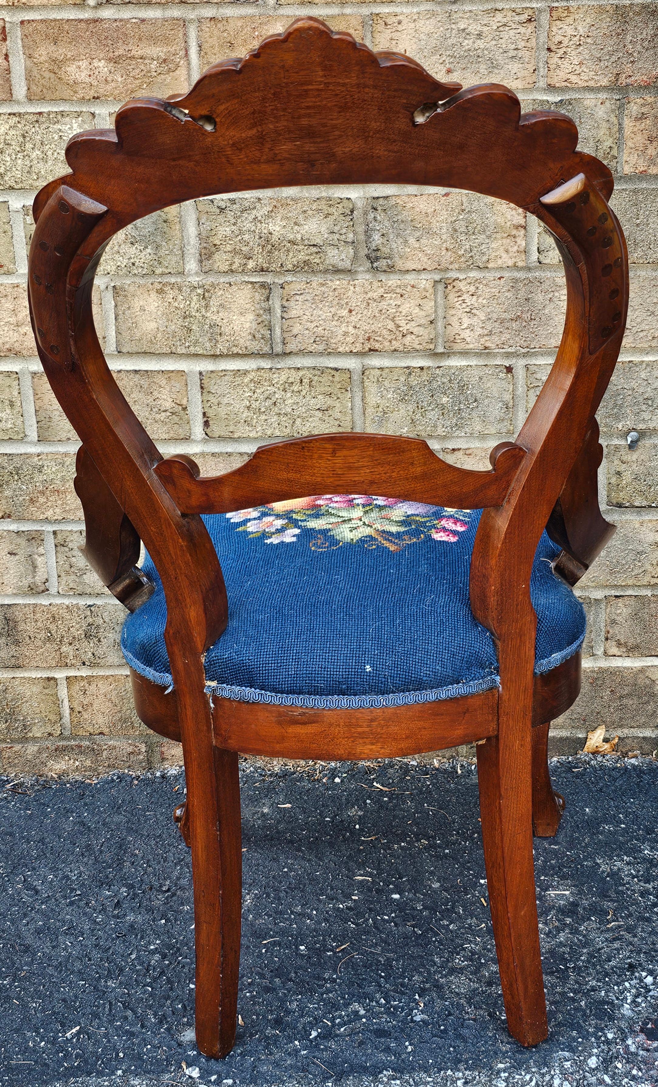 Pair Victorian Rococo Style Walnut and Needlepoint Upholstered Side Chairs For Sale 1