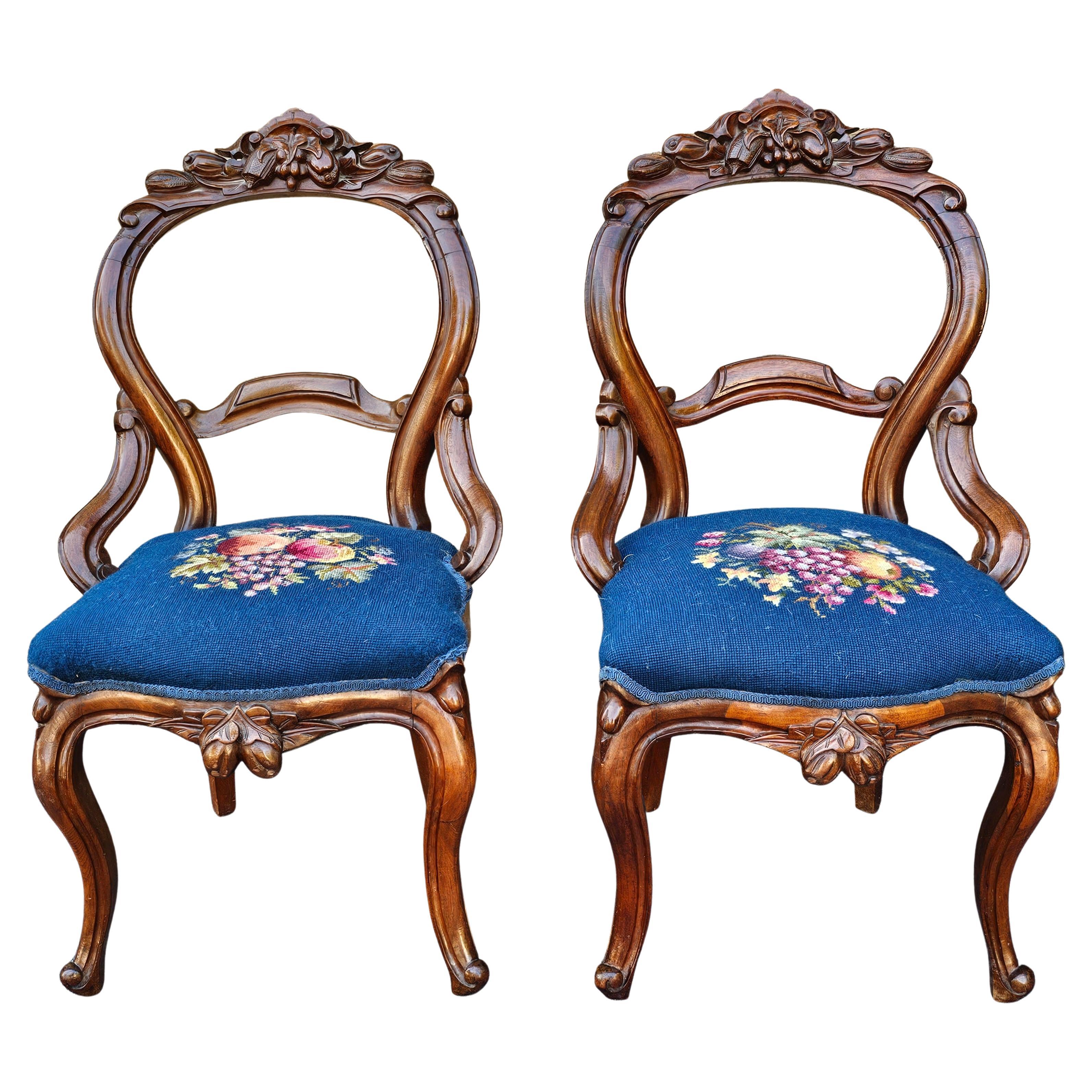 Pair Victorian Rococo Style Walnut and Needlepoint Upholstered Side Chairs For Sale