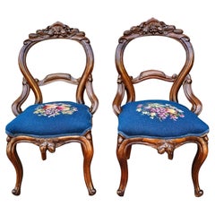 Antique Pair Victorian Rococo Style Walnut and Needlepoint Upholstered Side Chairs