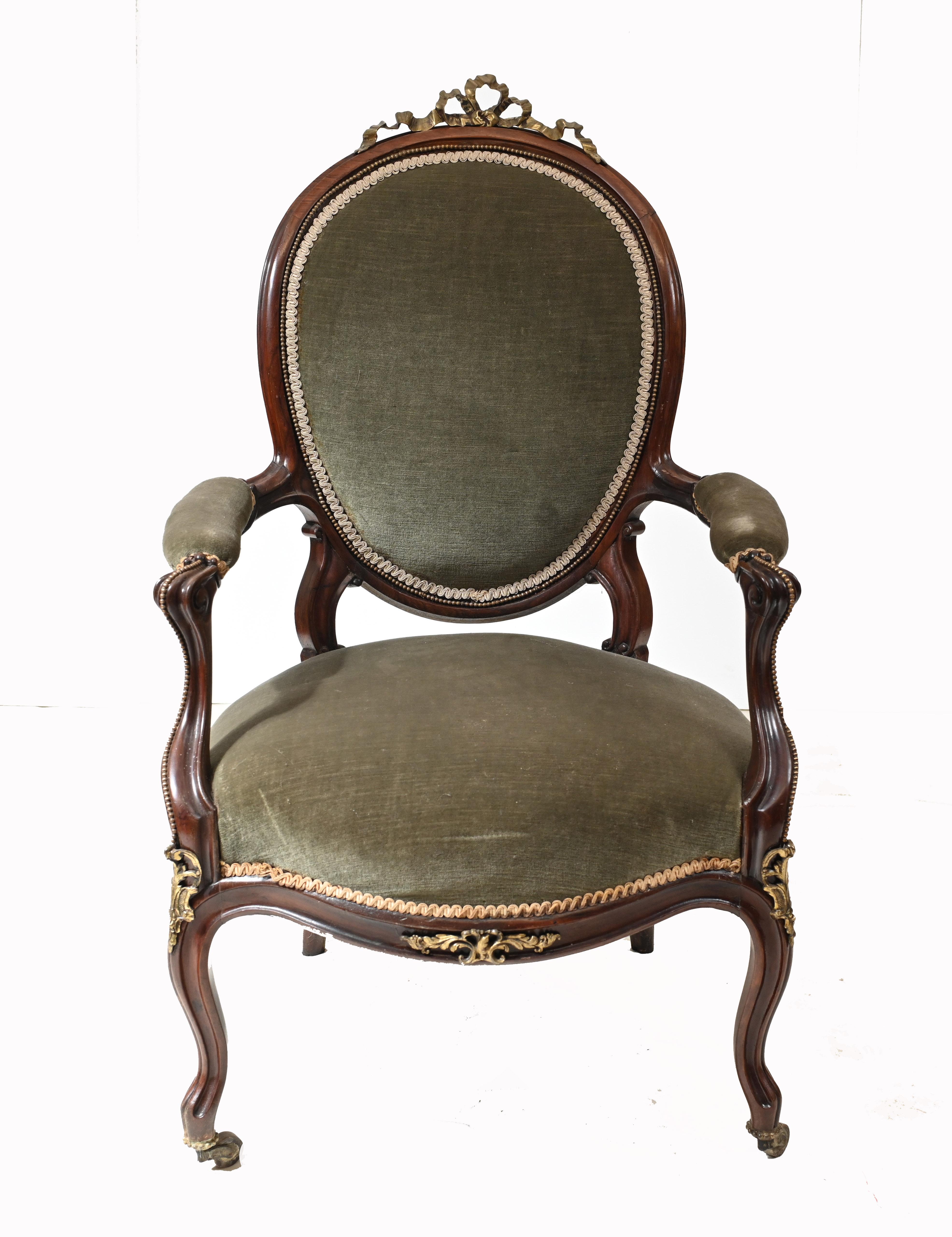 Gorgeous pair of Victorian salon chairs with original ormolu mounts
Very comfortable with cushioned arm rests
We date this handsome pair to circa 1870
Offered in great shape ready for home use right away
We ship to every corner of the planet
We