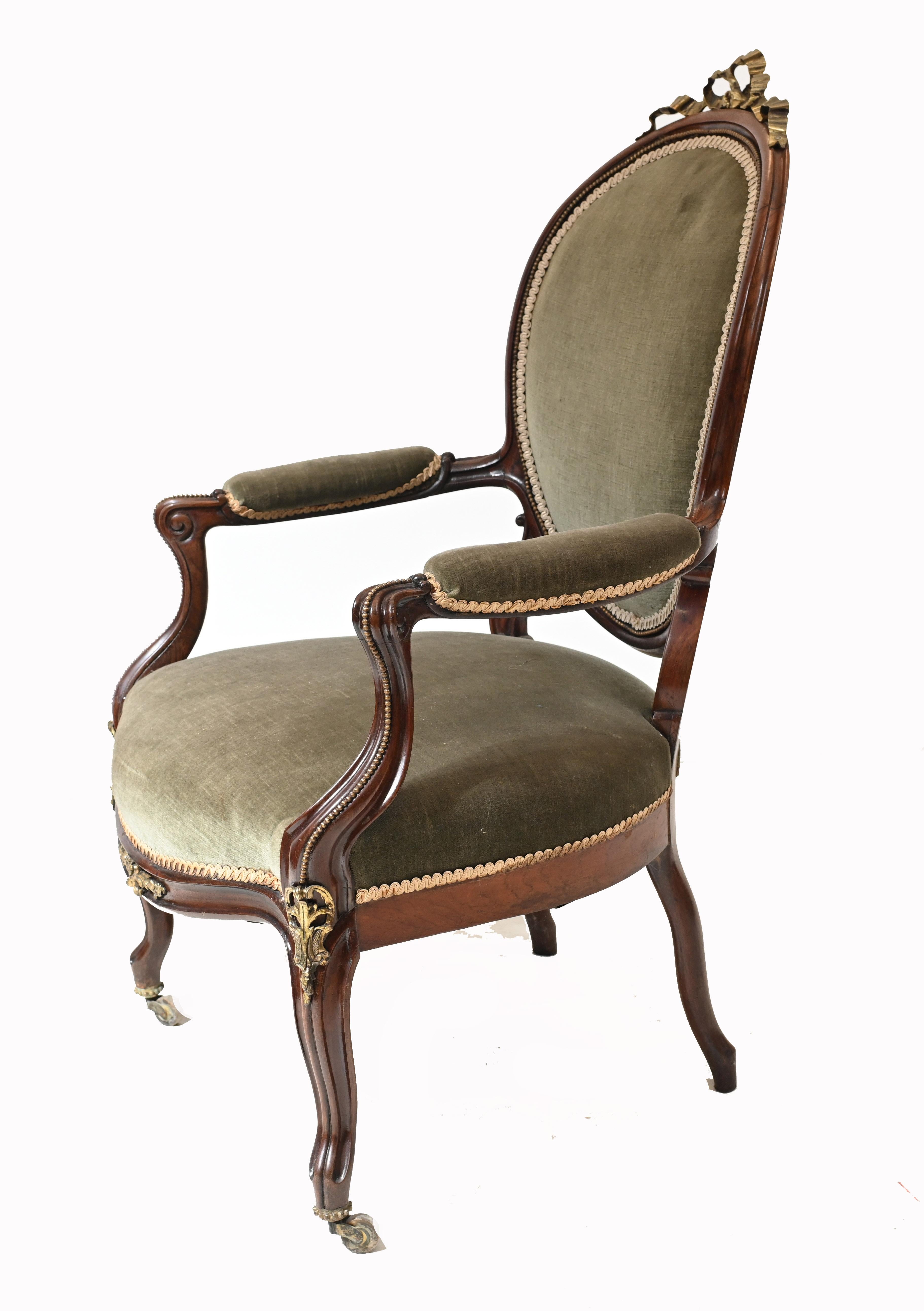 Ormolu Pair Victorian Salon Chairs Arm, 1870 For Sale