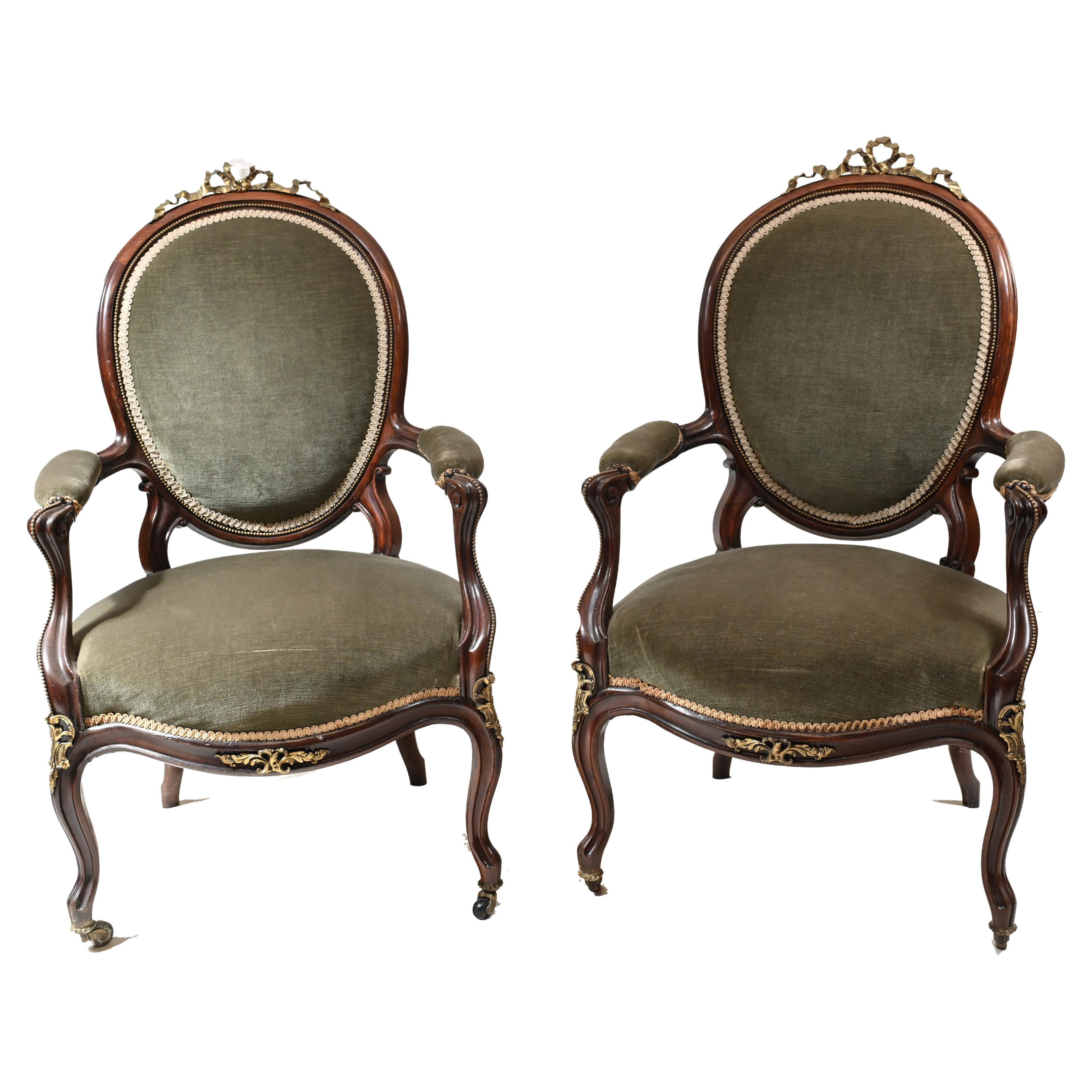 Pair Victorian Salon Chairs Arm, 1870 For Sale