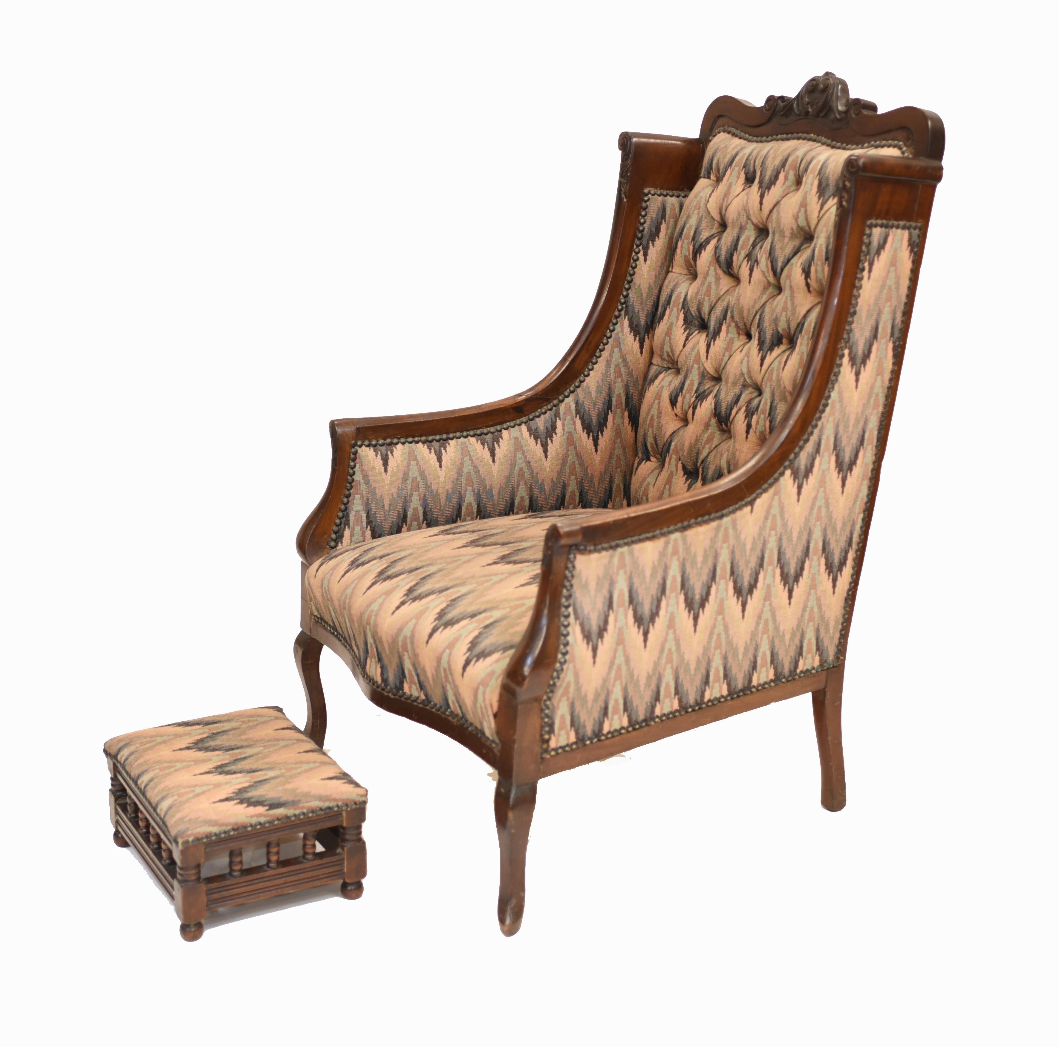 Late 19th Century Pair Victorian Salon Chairs Arm Club Chair Stools