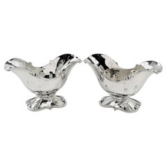 Pair of Victorian Sterling Silver Double Spouted Gravy Sauce Boats, 1857