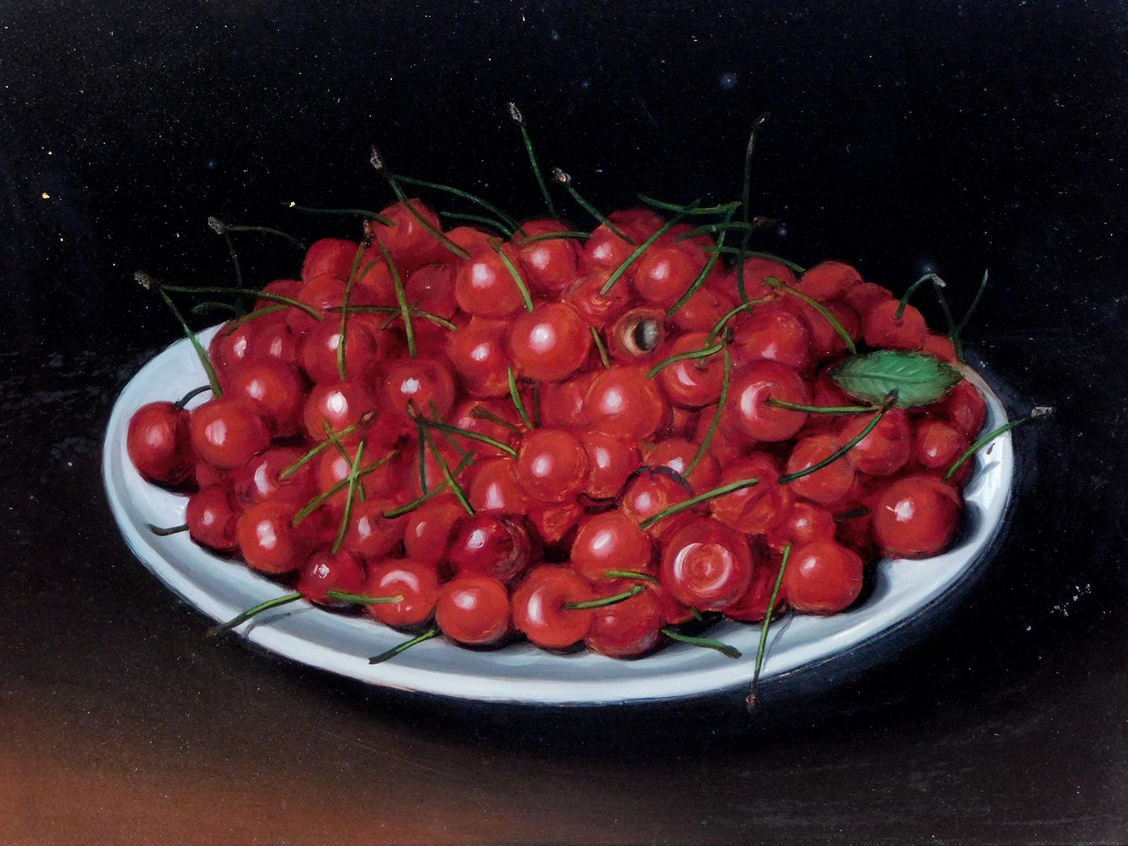 Pair Victorian Still Life Paintings of a Bowl of Cherries and Red Raspberries For Sale 3