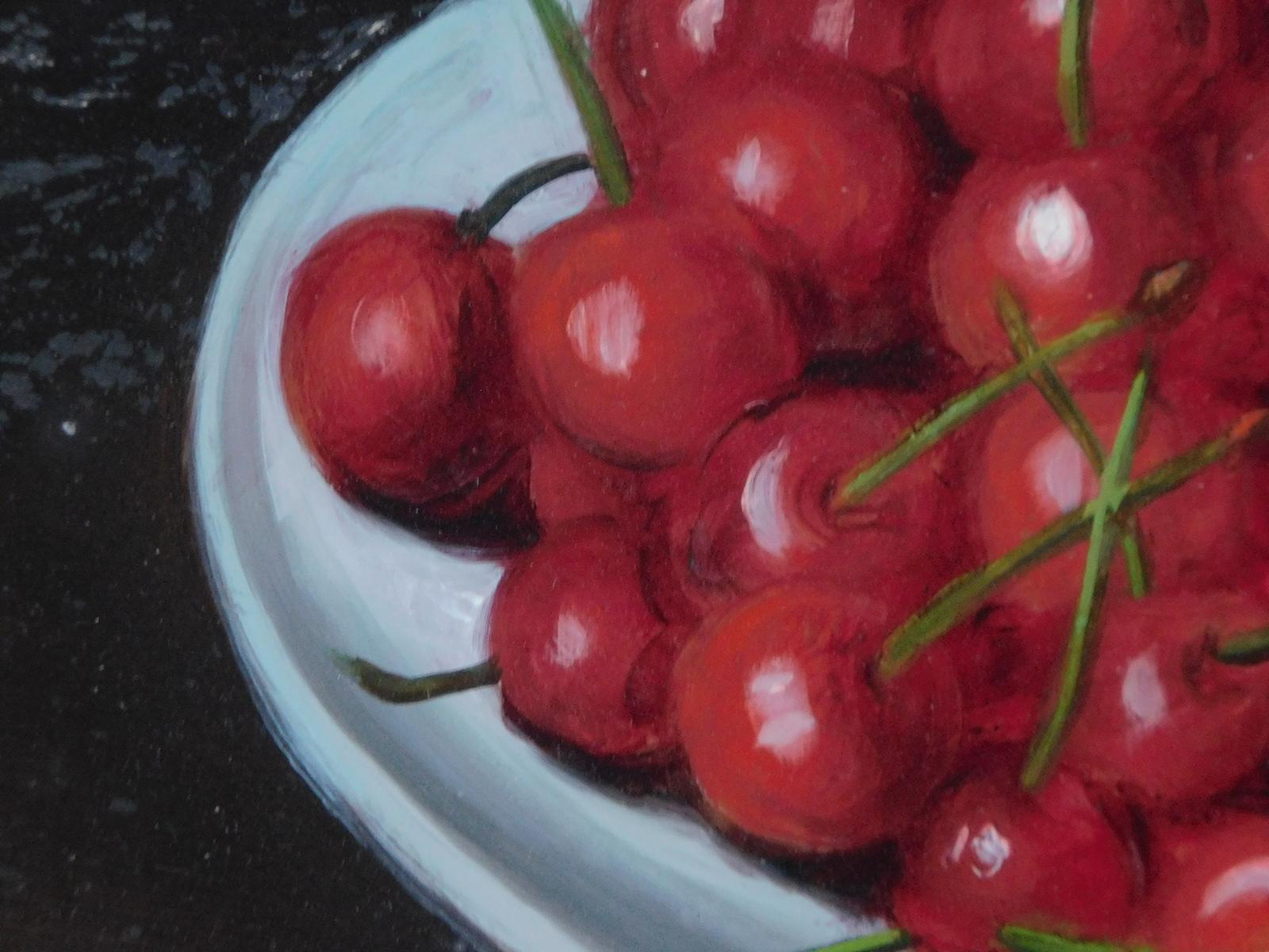Early 20th Century Pair Victorian Still Life Paintings of a Bowl of Cherries and Red Raspberries For Sale