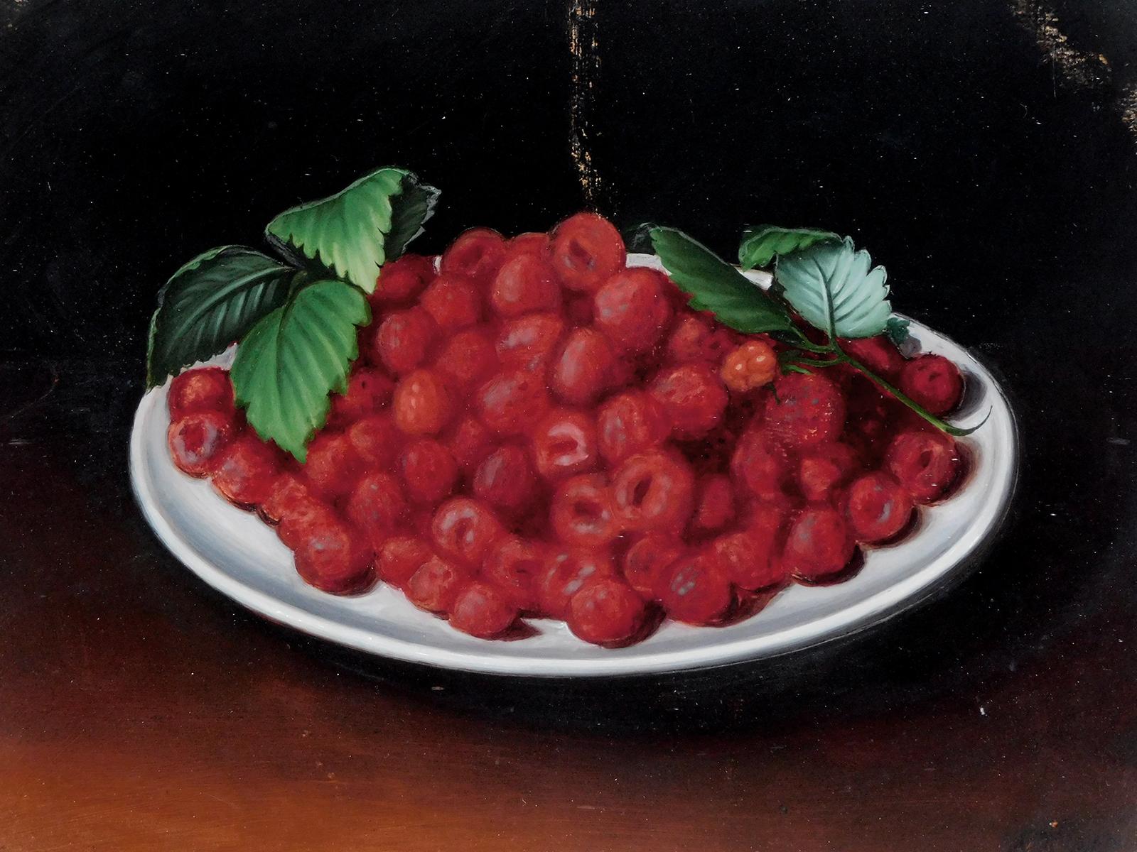 Pair Victorian Still Life Paintings of a Bowl of Cherries and Red Raspberries For Sale 2
