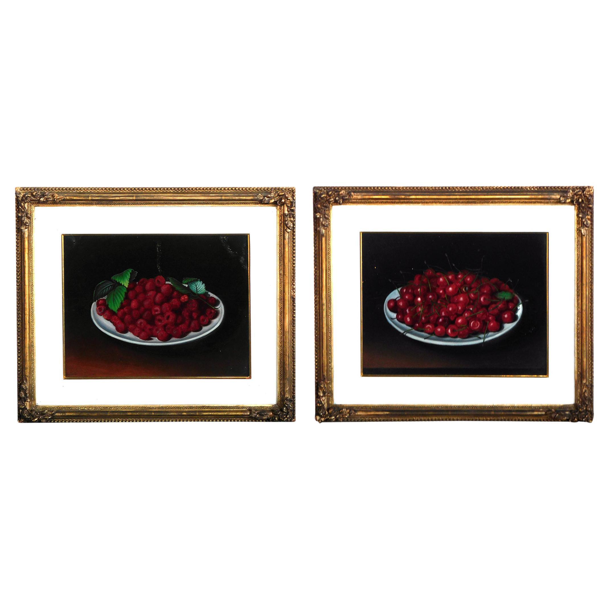 Pair Victorian Still Life Paintings of a Bowl of Cherries and Red Raspberries