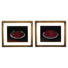 Pair Victorian Still Life Paintings of a Bowl of Cherries and Red Raspberries