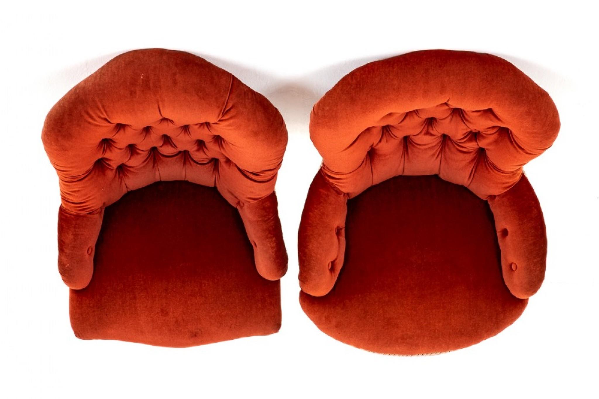 Gorgeous pair of Victorian Upholstered Tub Chairs.
Circa 1860
Although these chairs are upholstered in the same fabric they are slightly different (see Legs)
The chairs stand upon ring-turned front legs, which adds a decorative element to the