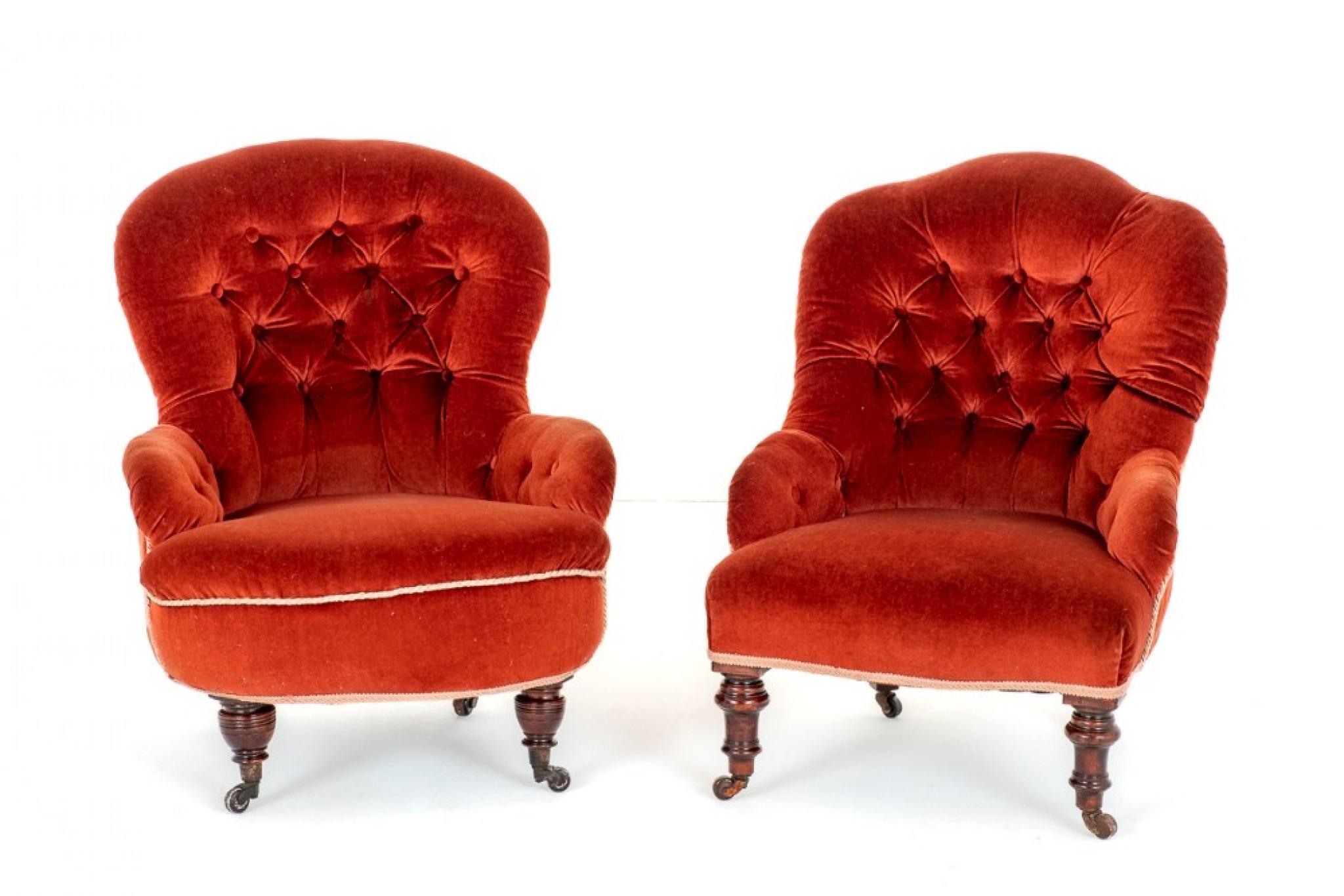 Upholstery Pair Victorian Tub Chairs Upholstered Salon 1860