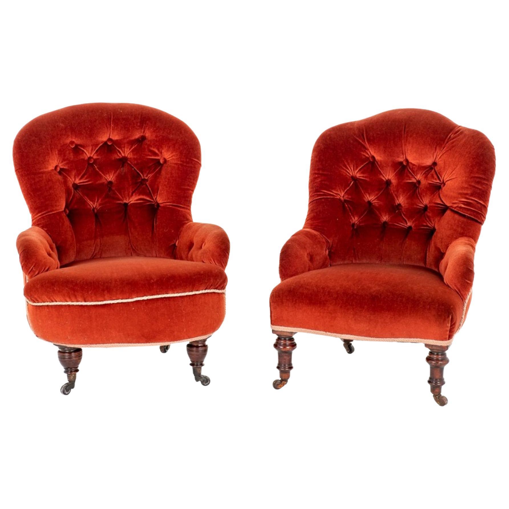Pair Victorian Tub Chairs Upholstered Salon 1860