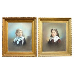 Pair Victorian Watercolor Portraits, Sister & Brother, Original Frames, c1890